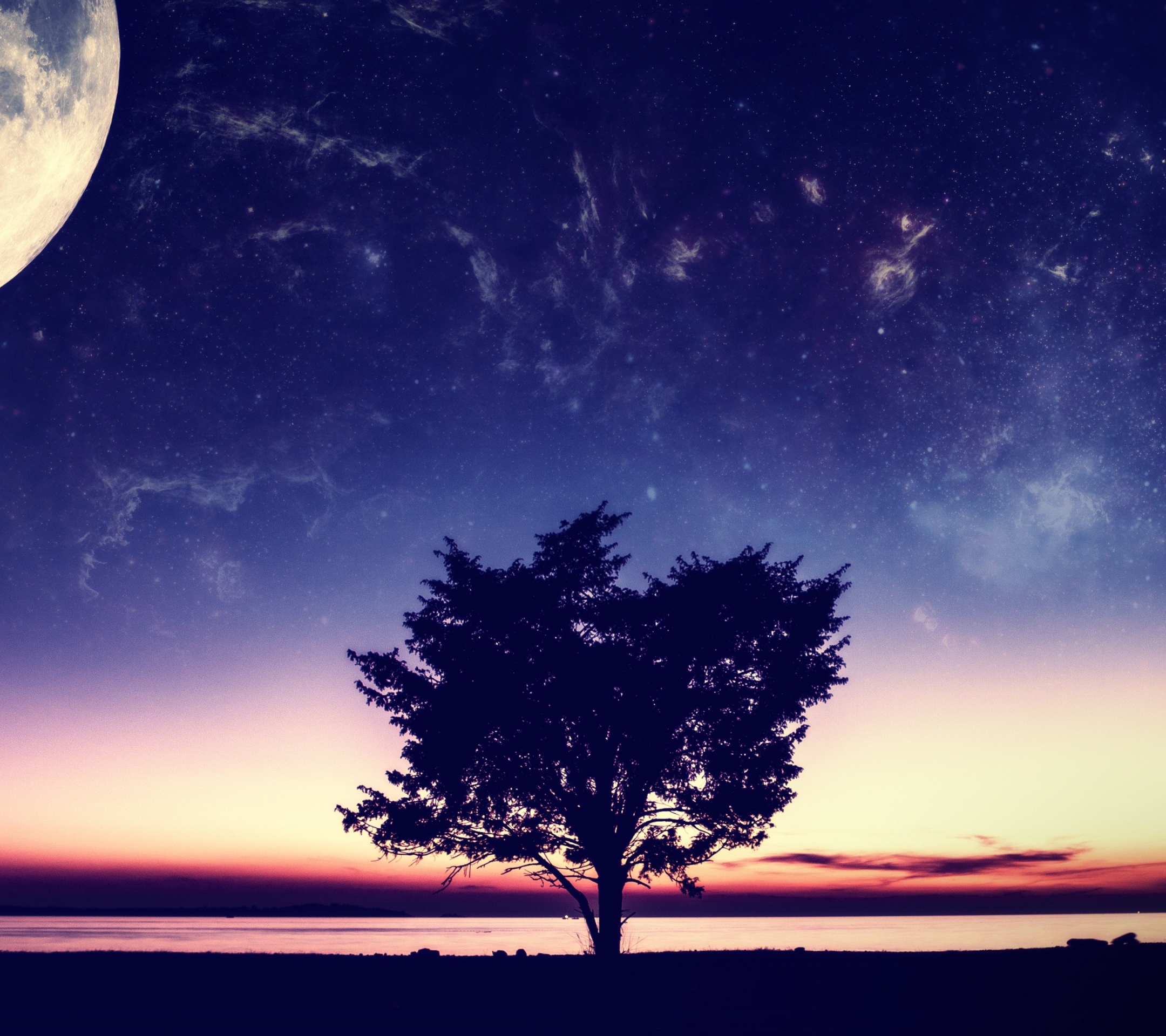 Download mobile wallpaper Fantasy, Sky, Stars, Moon, Tree, Ocean for free.