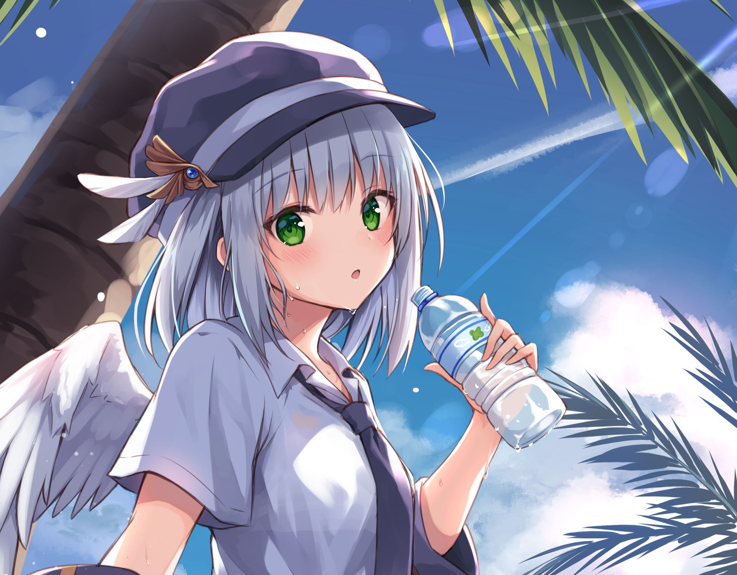 Free download wallpaper Anime, Sky, Wings, Hat, Bottle, Green Eyes, Original, Grey Hair on your PC desktop
