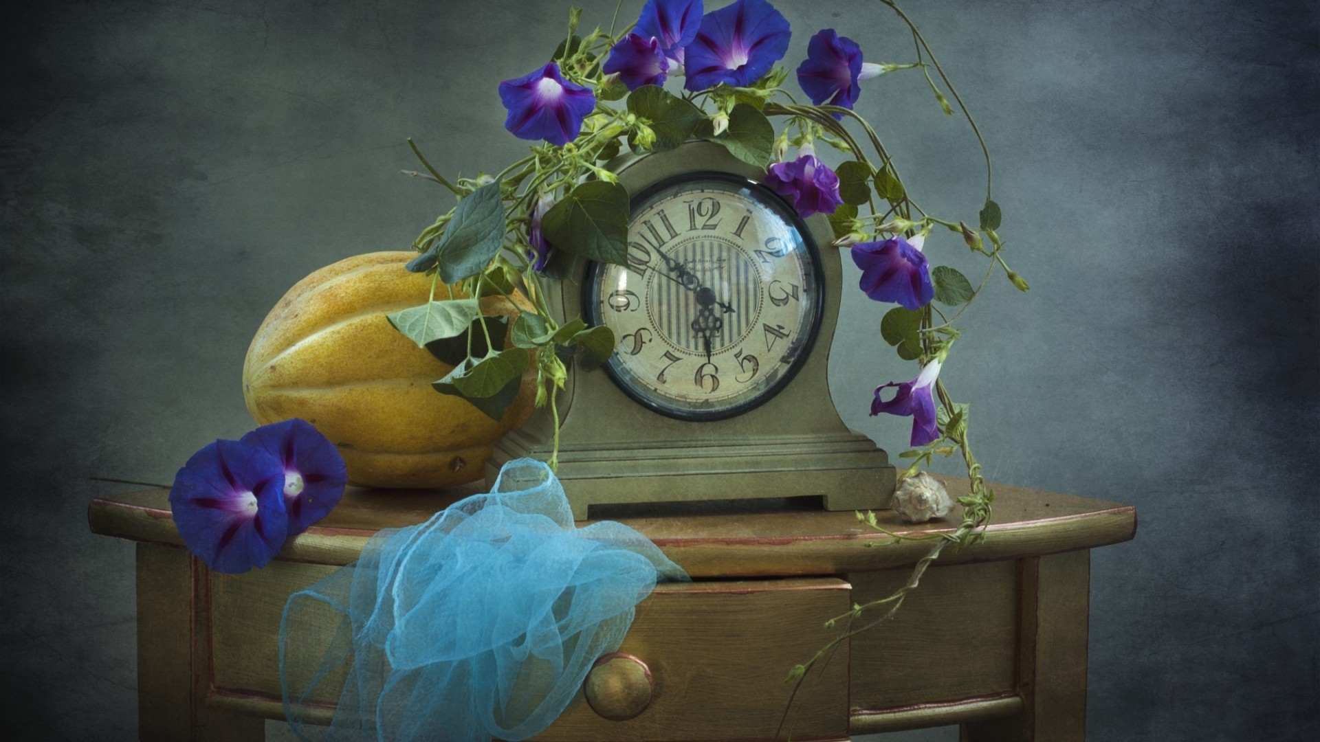 Download mobile wallpaper Vine, Clock, Still Life, Flower, Table, Photography, Scarf, Gourd for free.