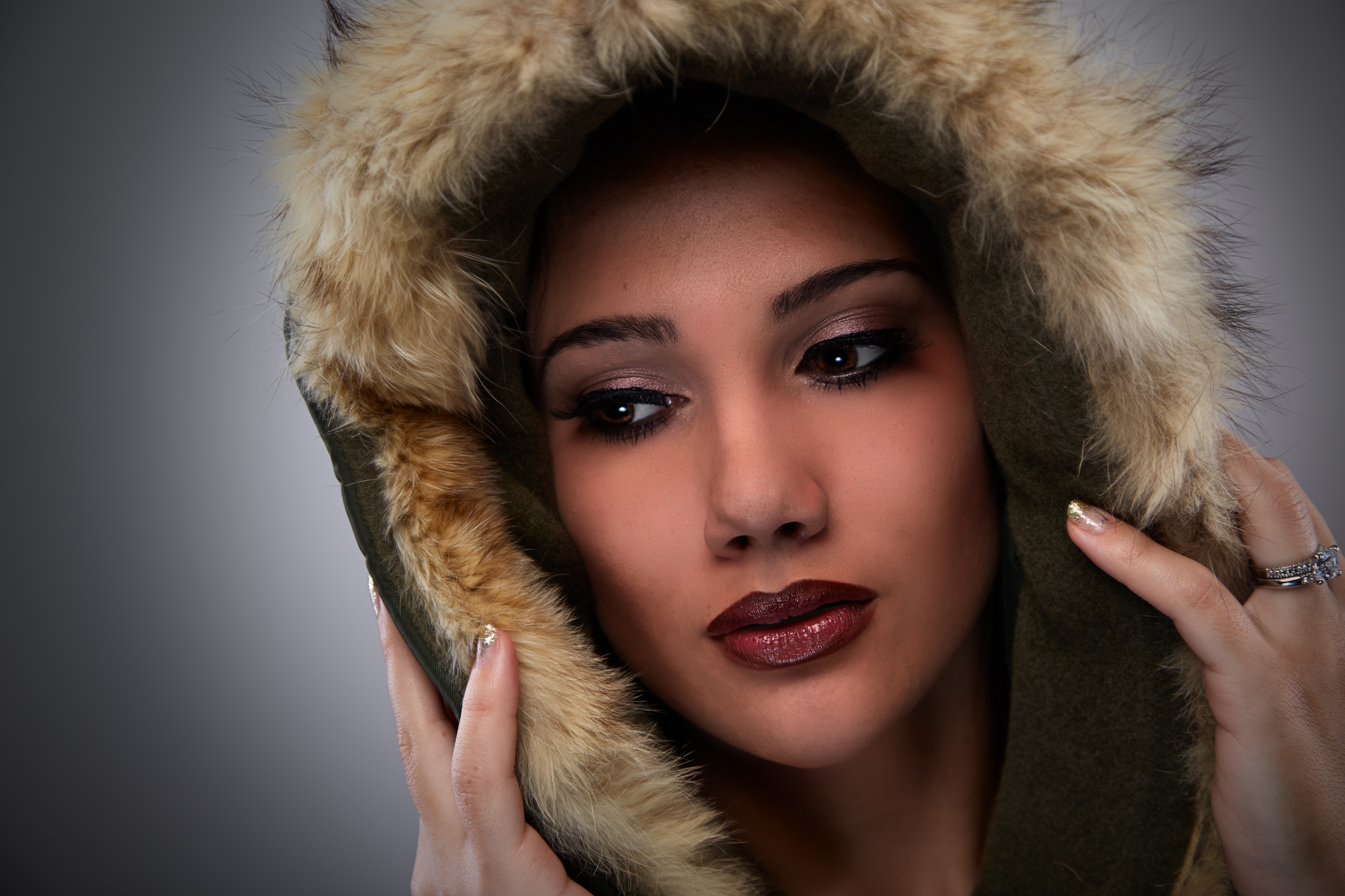 Download mobile wallpaper Face, Hood, Model, Women, Brown Eyes, Lipstick for free.