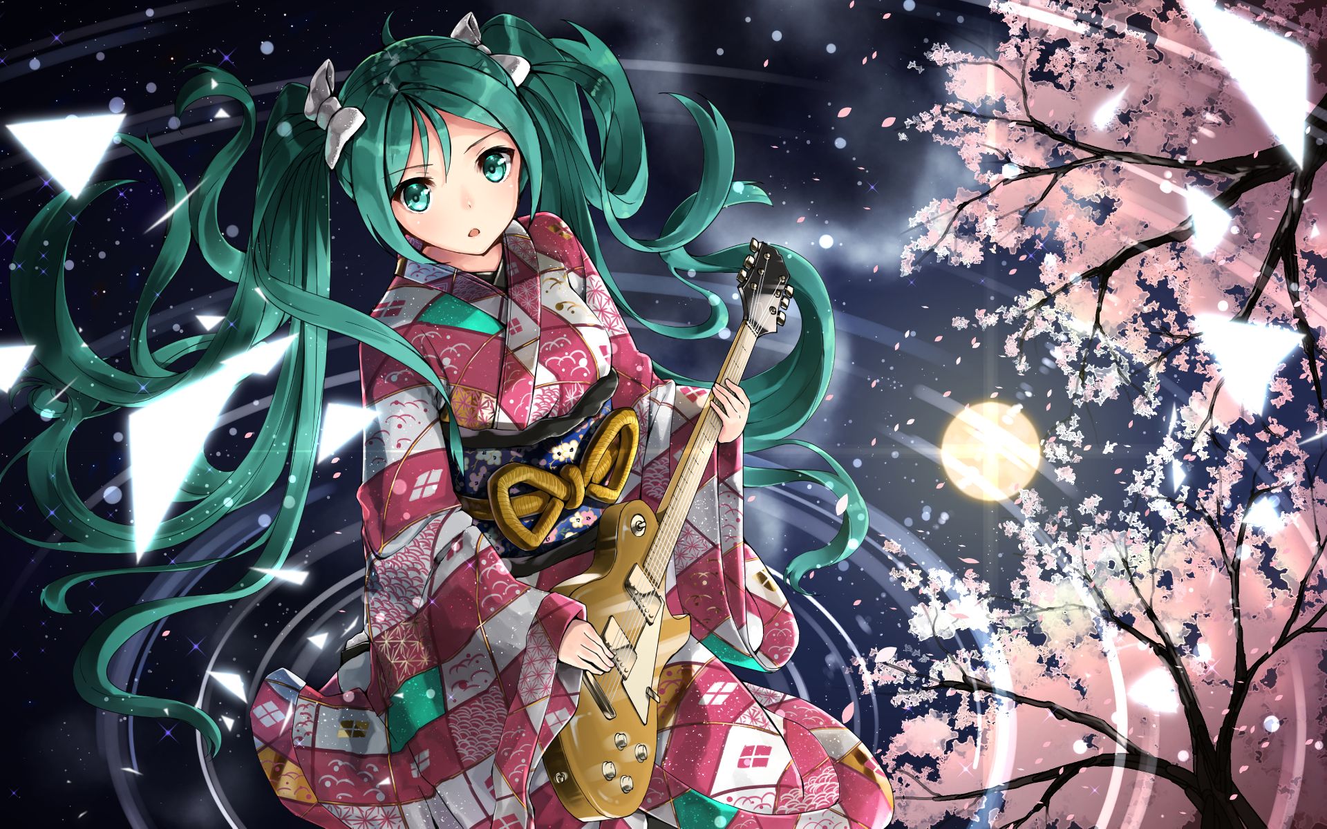 Download mobile wallpaper Anime, Reflection, Guitar, Vocaloid, Kimono, Green Hair, Green Eyes, Blossom, Hatsune Miku, Long Hair, Twintails for free.