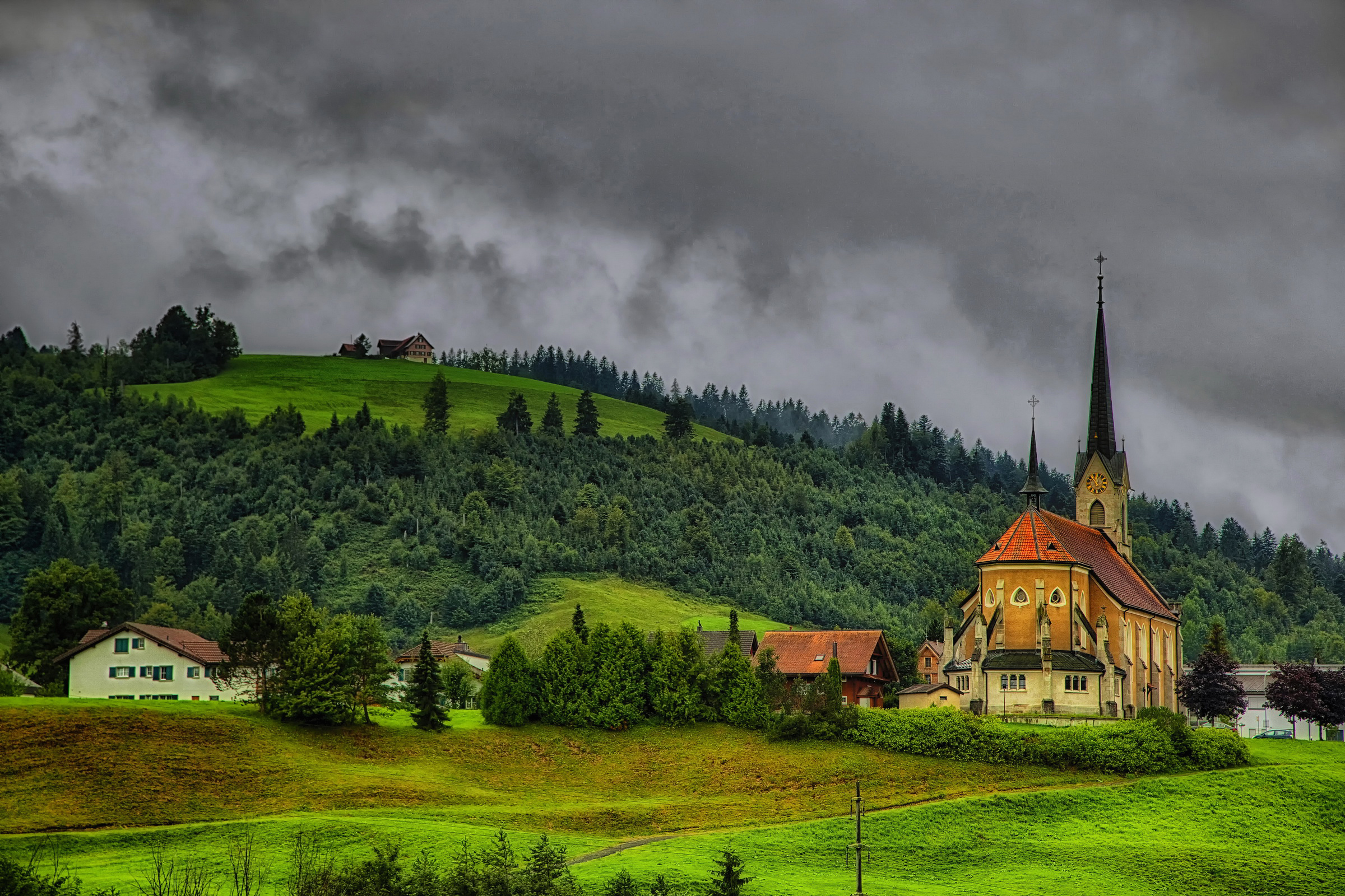 Download mobile wallpaper Mountain, Forest, Tree, Village, Switzerland, Cloud, Church, Churches, Religious for free.