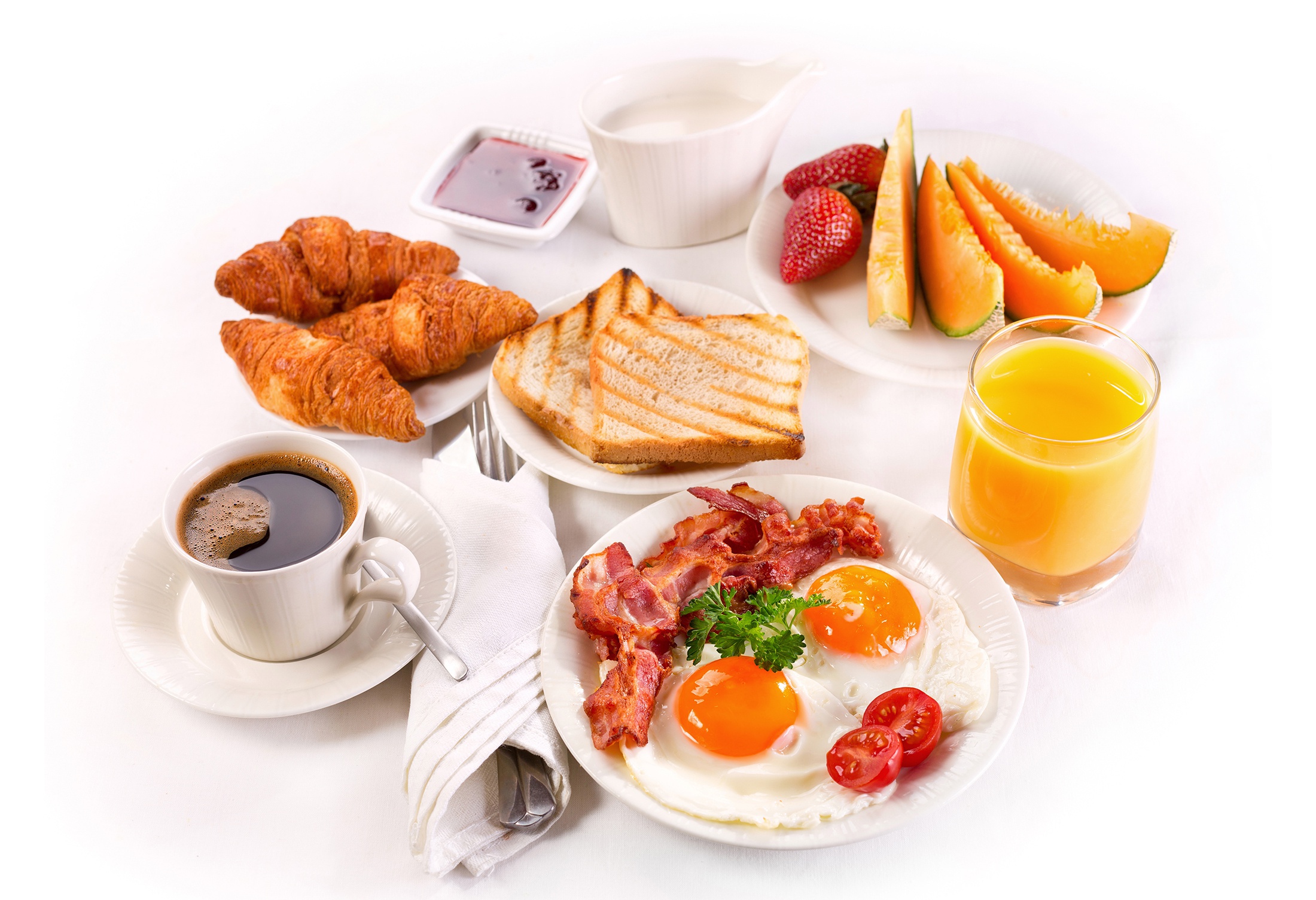Download mobile wallpaper Food, Coffee, Cup, Fruit, Egg, Toast, Breakfast, Croissant, Juice, Bacon for free.