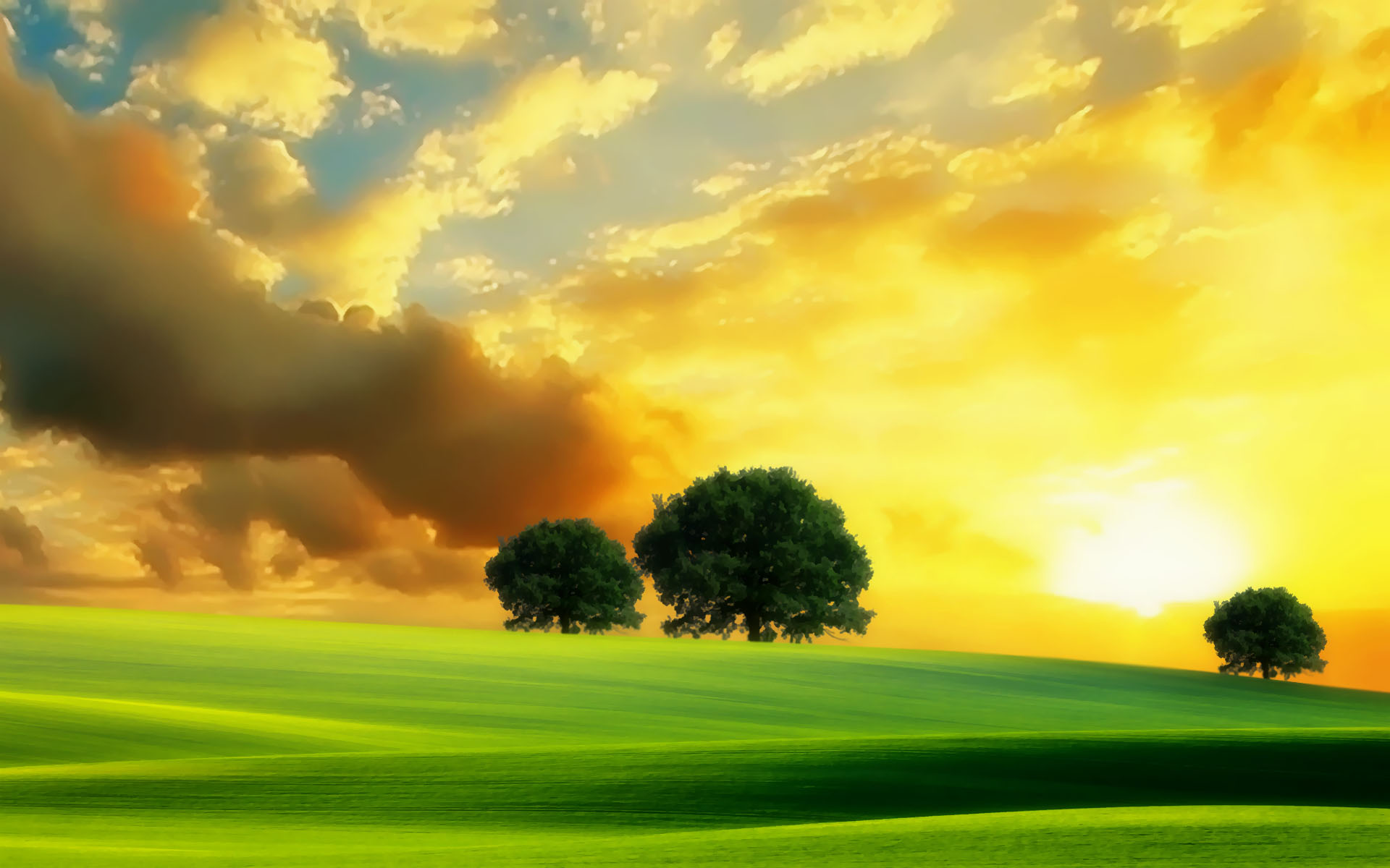 Download mobile wallpaper Landscape, Fantasy, Sunset, Tree, Field for free.