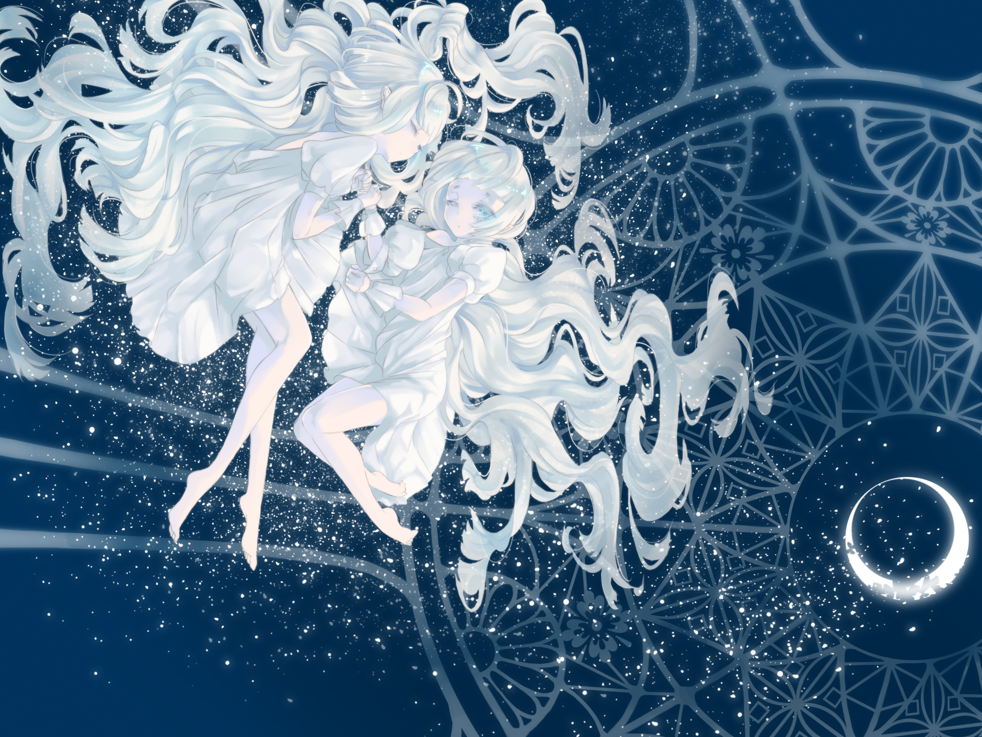 Download mobile wallpaper Anime, Fantasy, Moon, Elf, Star, Original, Long Hair, White Hair for free.