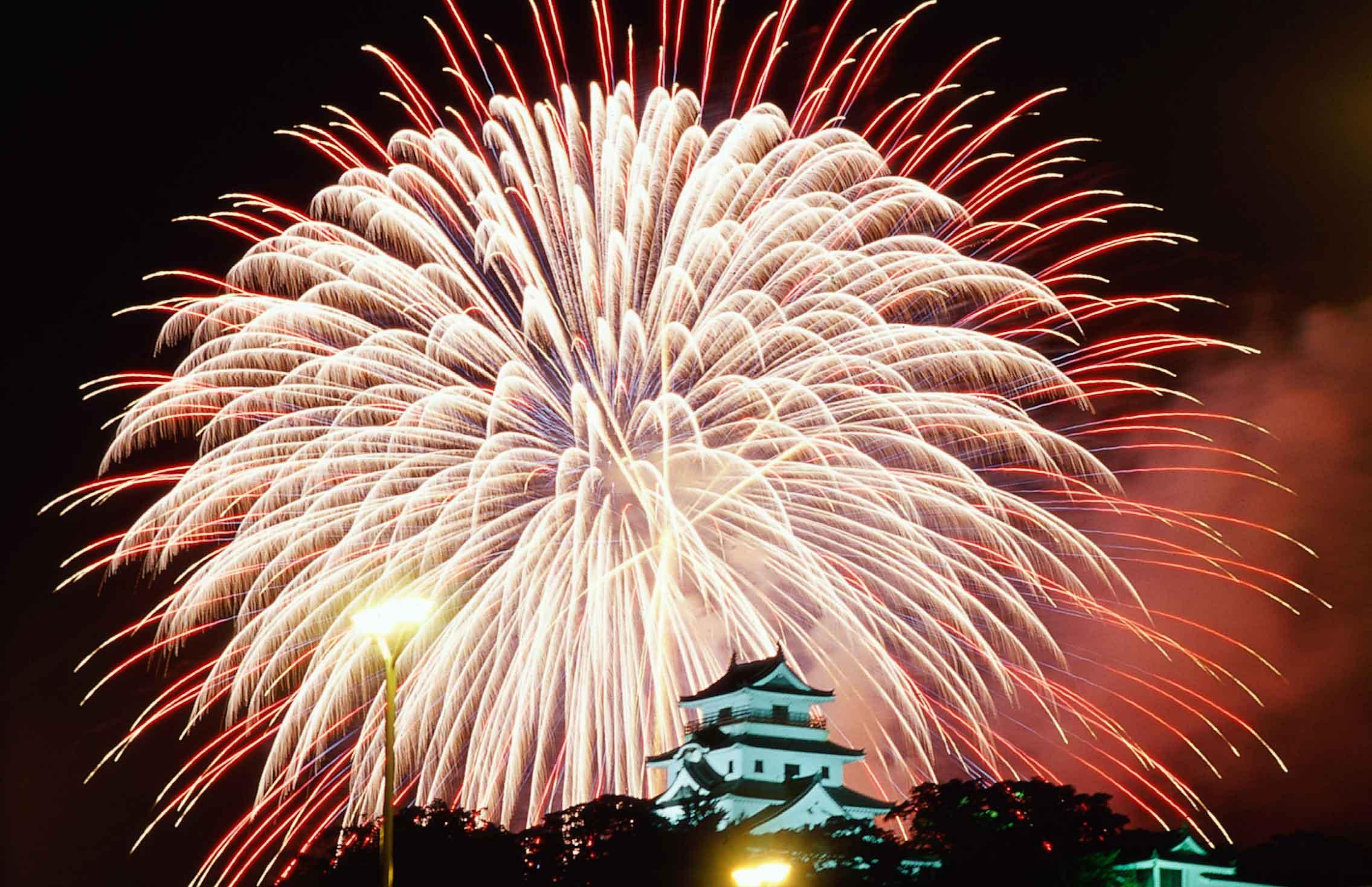 Download mobile wallpaper Night, Light, Japan, Temple, Fireworks, Photography for free.