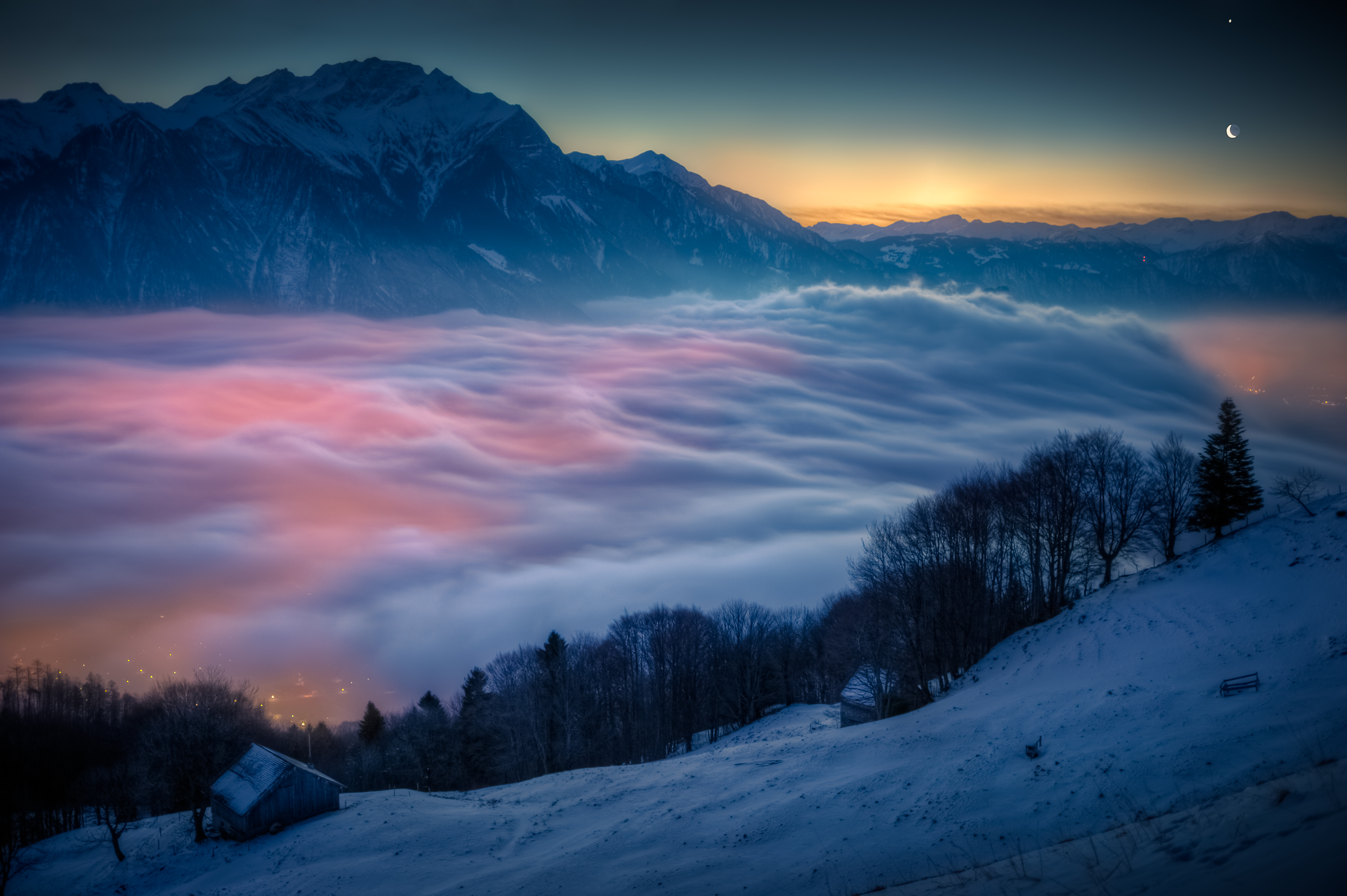 sea of clouds, photography, winter, cloud, evening, landscape, mountain