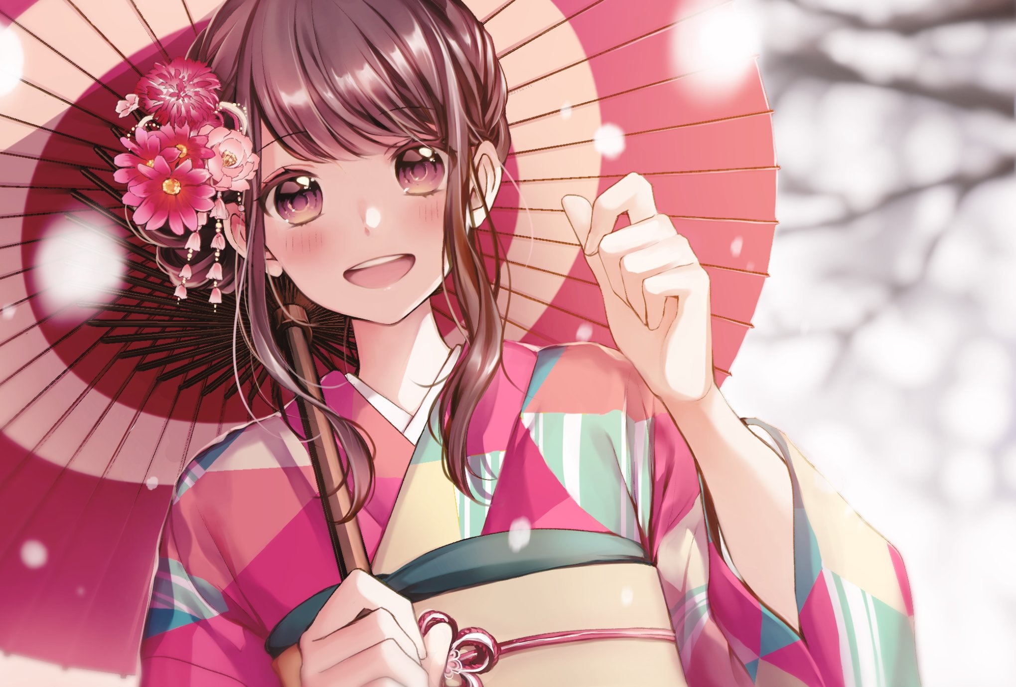 anime, original, blush, brown eyes, brown hair, flower, headdress, kimono, long hair, parasol, smile, snow