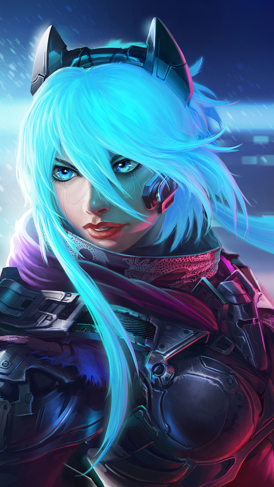 Handy-Wallpaper Cyberpunk, Science Fiction, Blaue Haare, Frau Krieger kostenlos herunterladen.