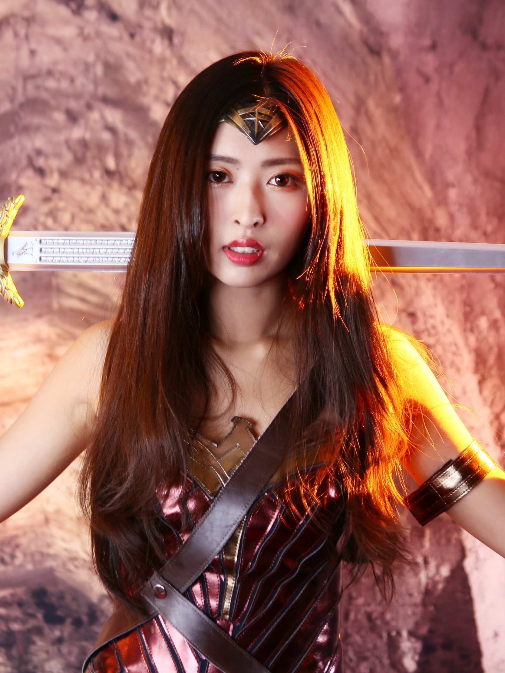 Download mobile wallpaper Brunette, Model, Women, Sword, Asian, Brown Eyes, Wonder Woman, Cosplay for free.