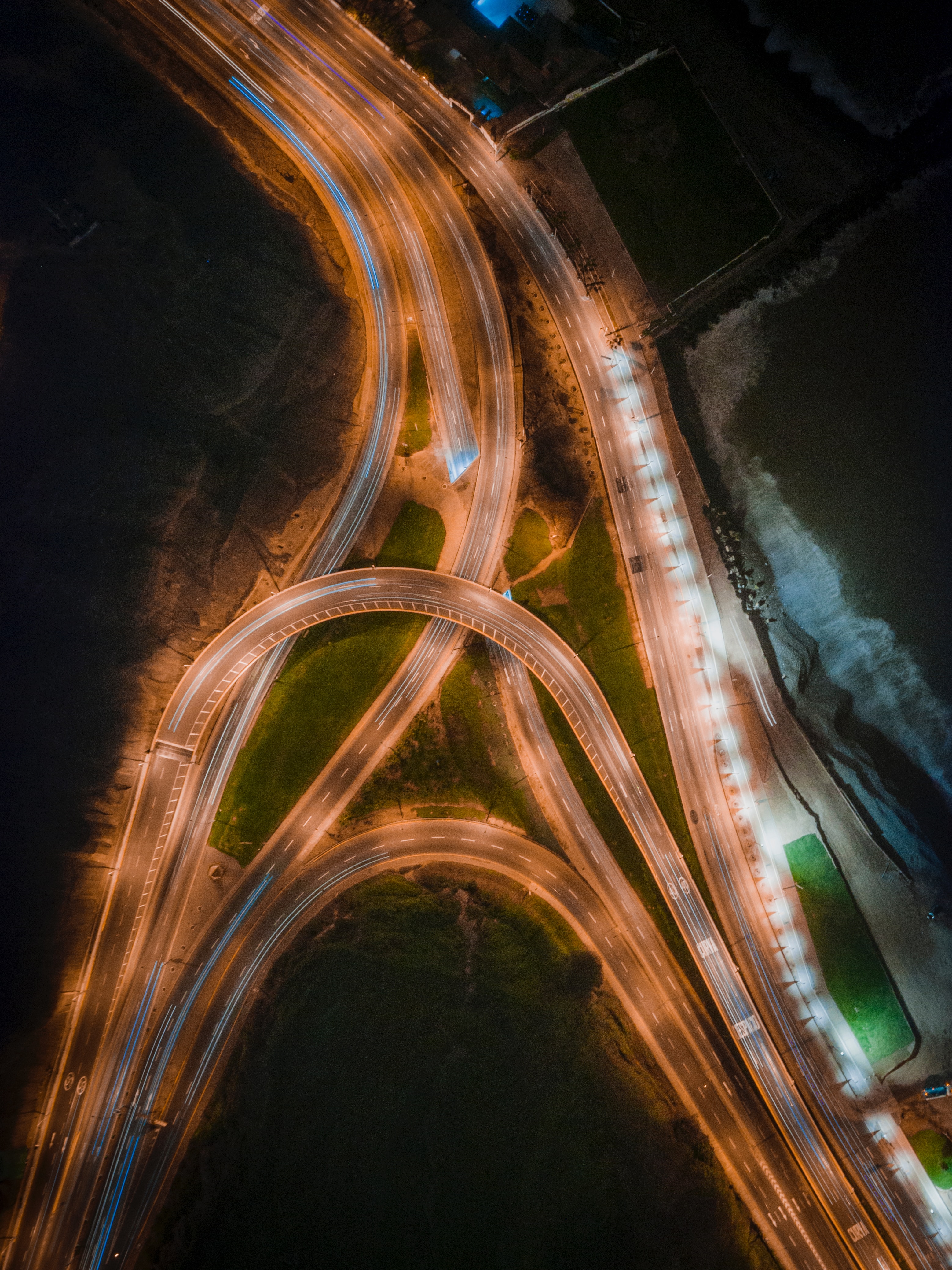intricate, backlight, view from above, dark, road, illumination, confused, road junction cellphone