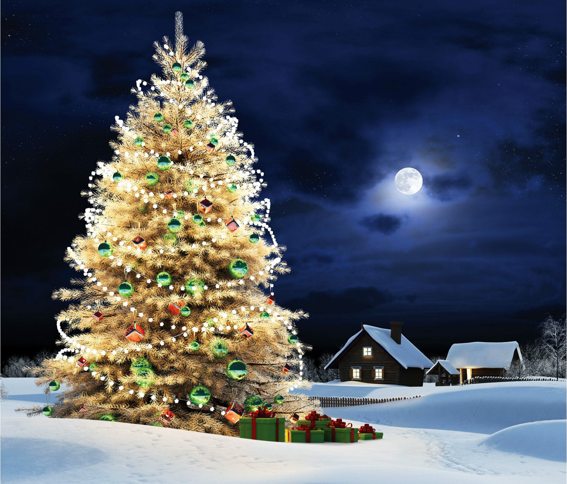 Handy-Wallpaper Feiertage, Winter, Mond, Schnee, Weihnachten, Licht, Haus, Weihnachtsbaum, Nacht kostenlos herunterladen.