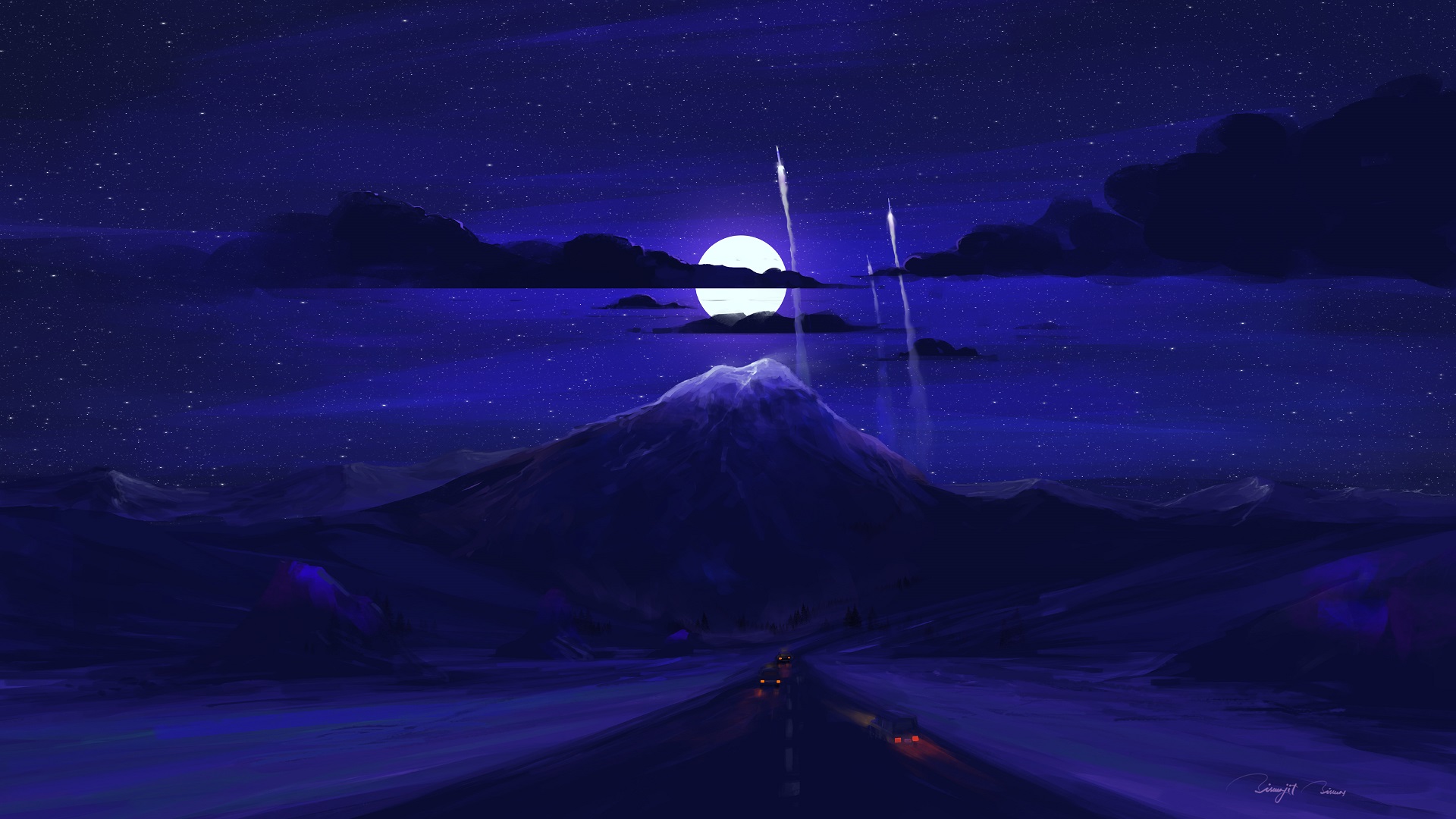 Download mobile wallpaper Sky, Night, Moon, Mountain, Car, Artistic for free.