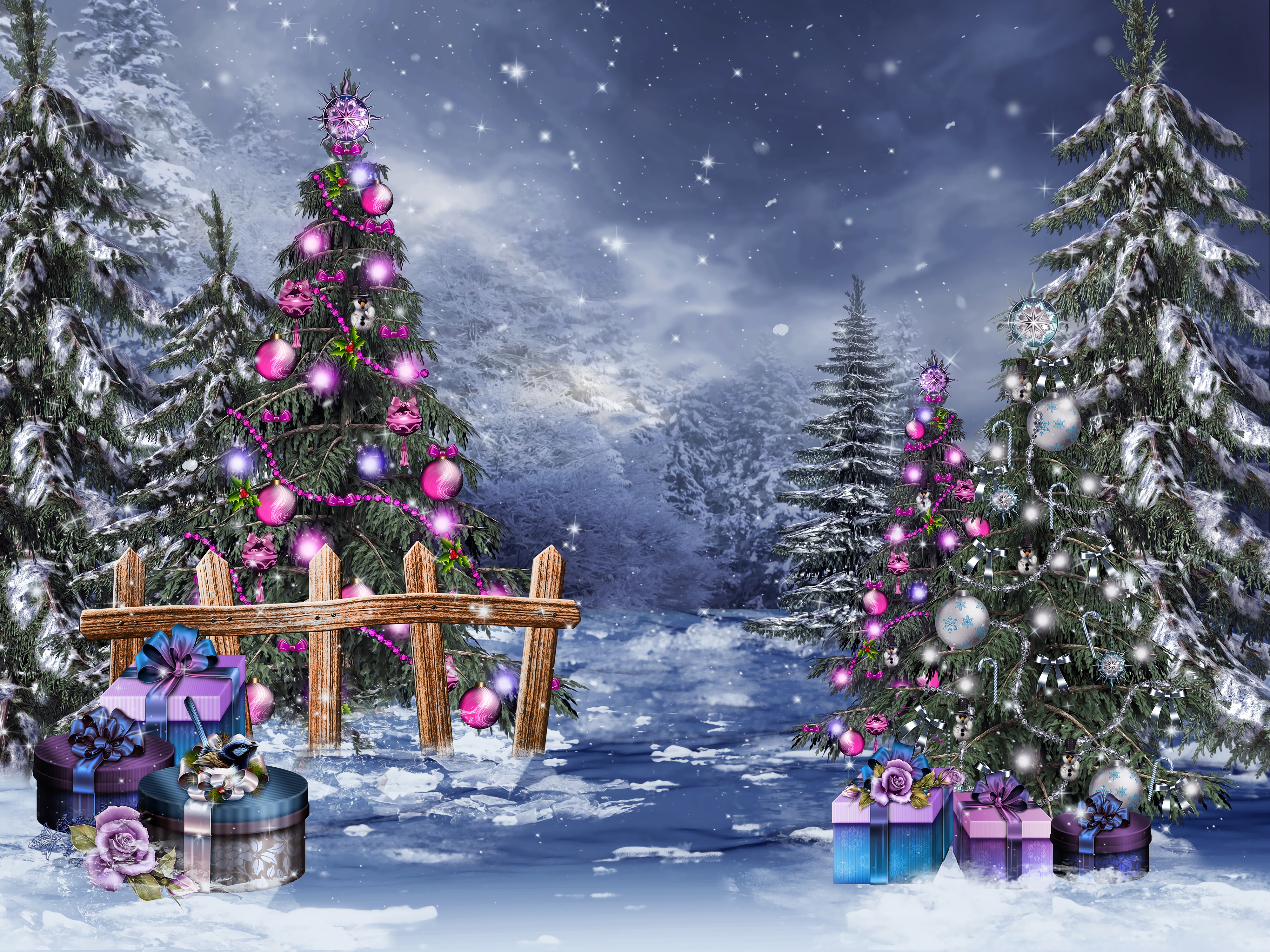 Laden Sie das Feiertage, Schnee, Weihnachten, Wald, Geschenk, Weihnachtsbaum-Bild kostenlos auf Ihren PC-Desktop herunter