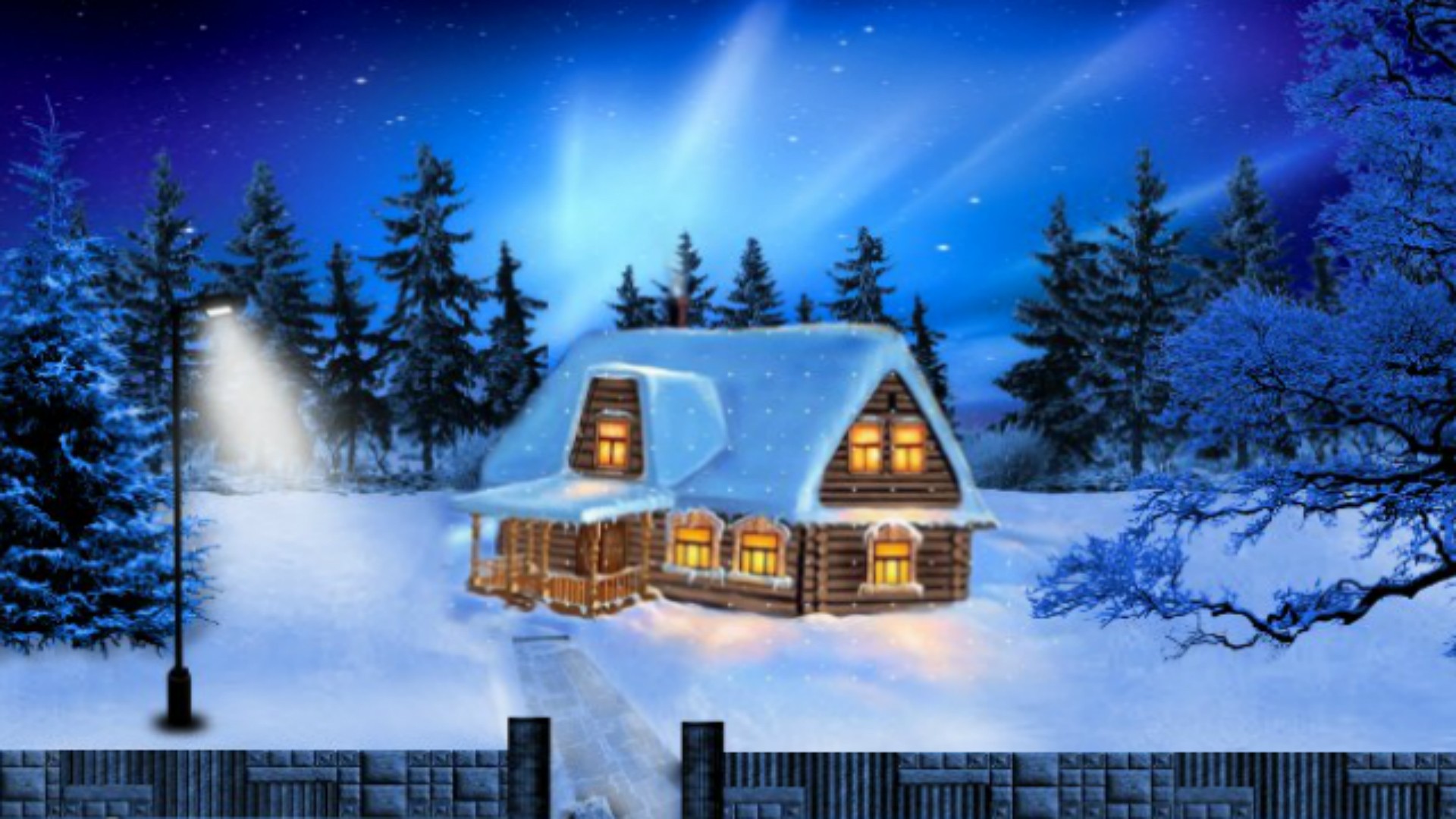 Laden Sie das Winter, Sterne, Schnee, Baum, Haus, Nacht, Himmel, Künstlerisch, Sternenklarer Himmel-Bild kostenlos auf Ihren PC-Desktop herunter