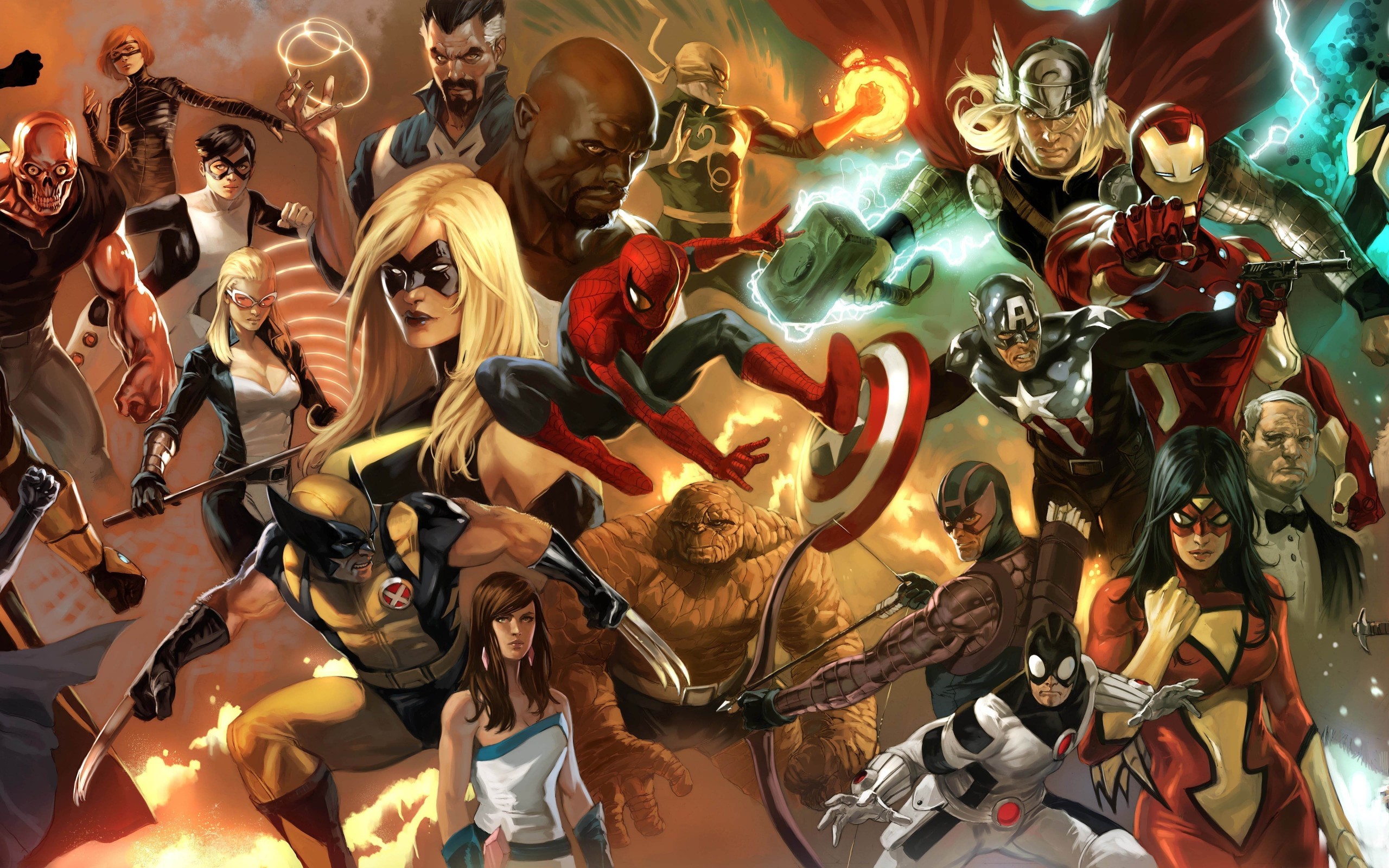 comics, collage, captain america, hawkeye, iron fist (marvel comics), iron man, ms marvel, spider man, spider woman, thing (marvel comics), thor, wolverine