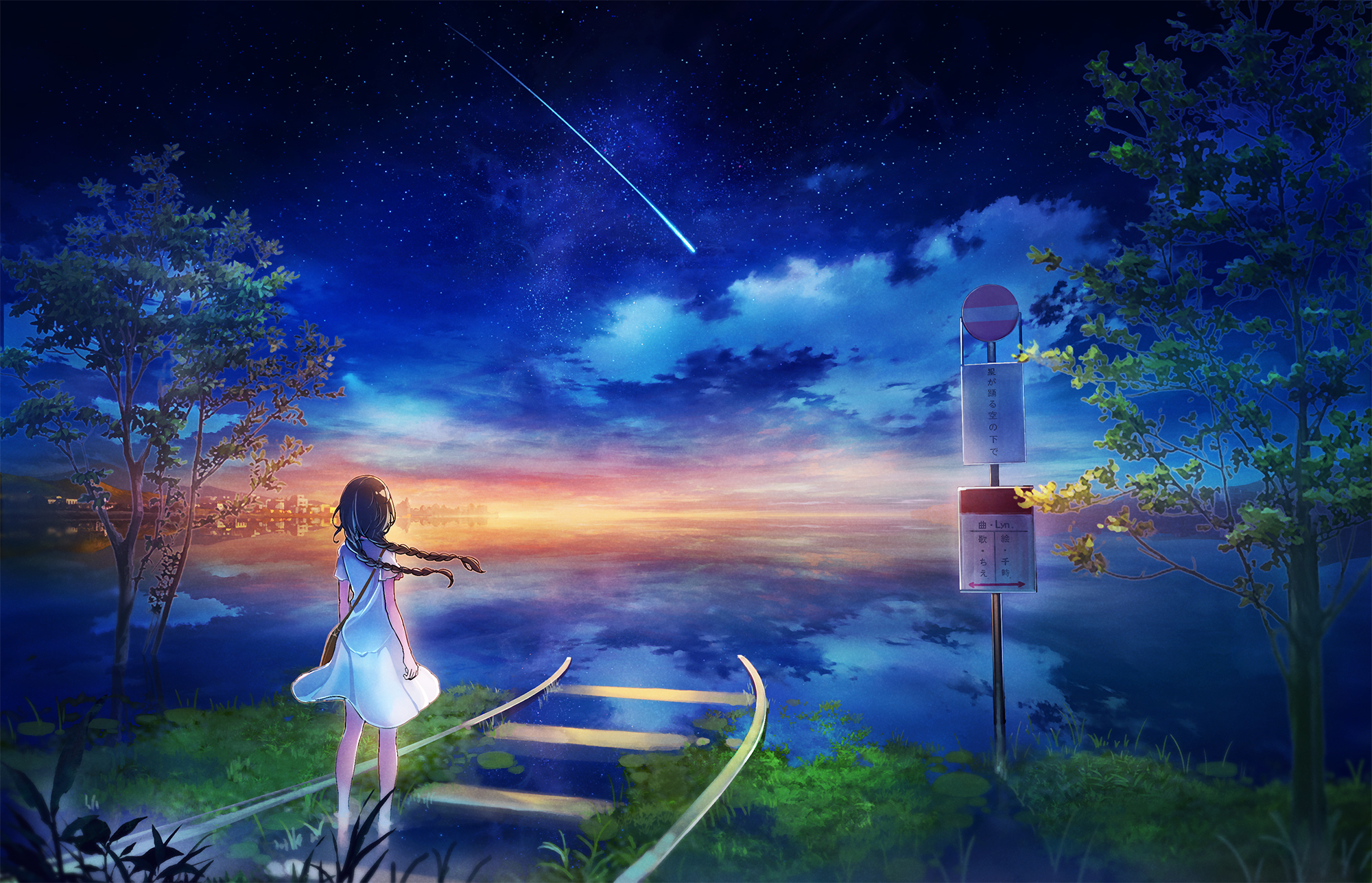 Laden Sie das Mond, Komet, Original, Meer, Sonnenuntergang, Animes-Bild kostenlos auf Ihren PC-Desktop herunter