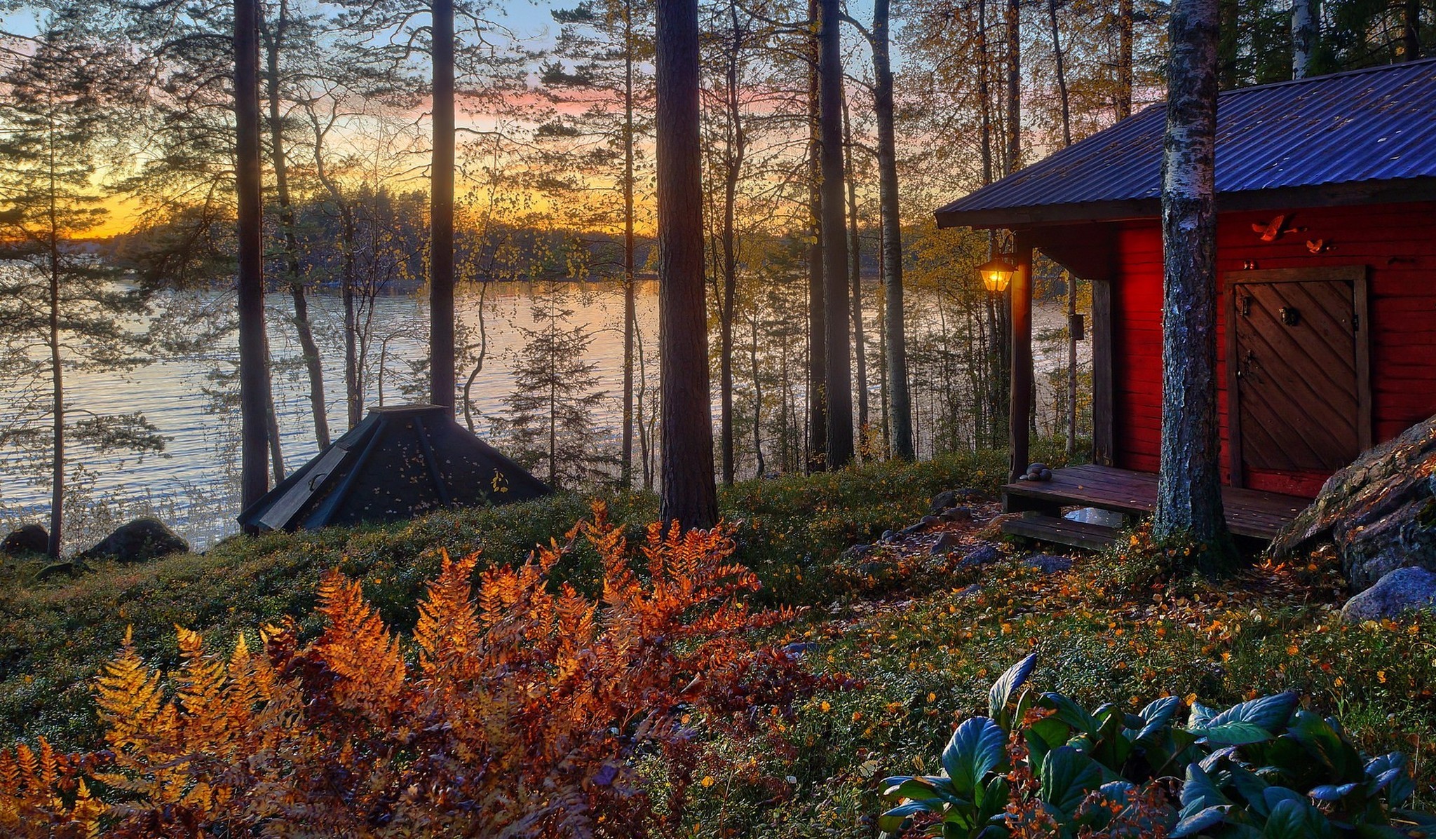 Téléchargez des papiers peints mobile Lac, Forêt, Arbre, Cabane, Construction Humaine gratuitement.