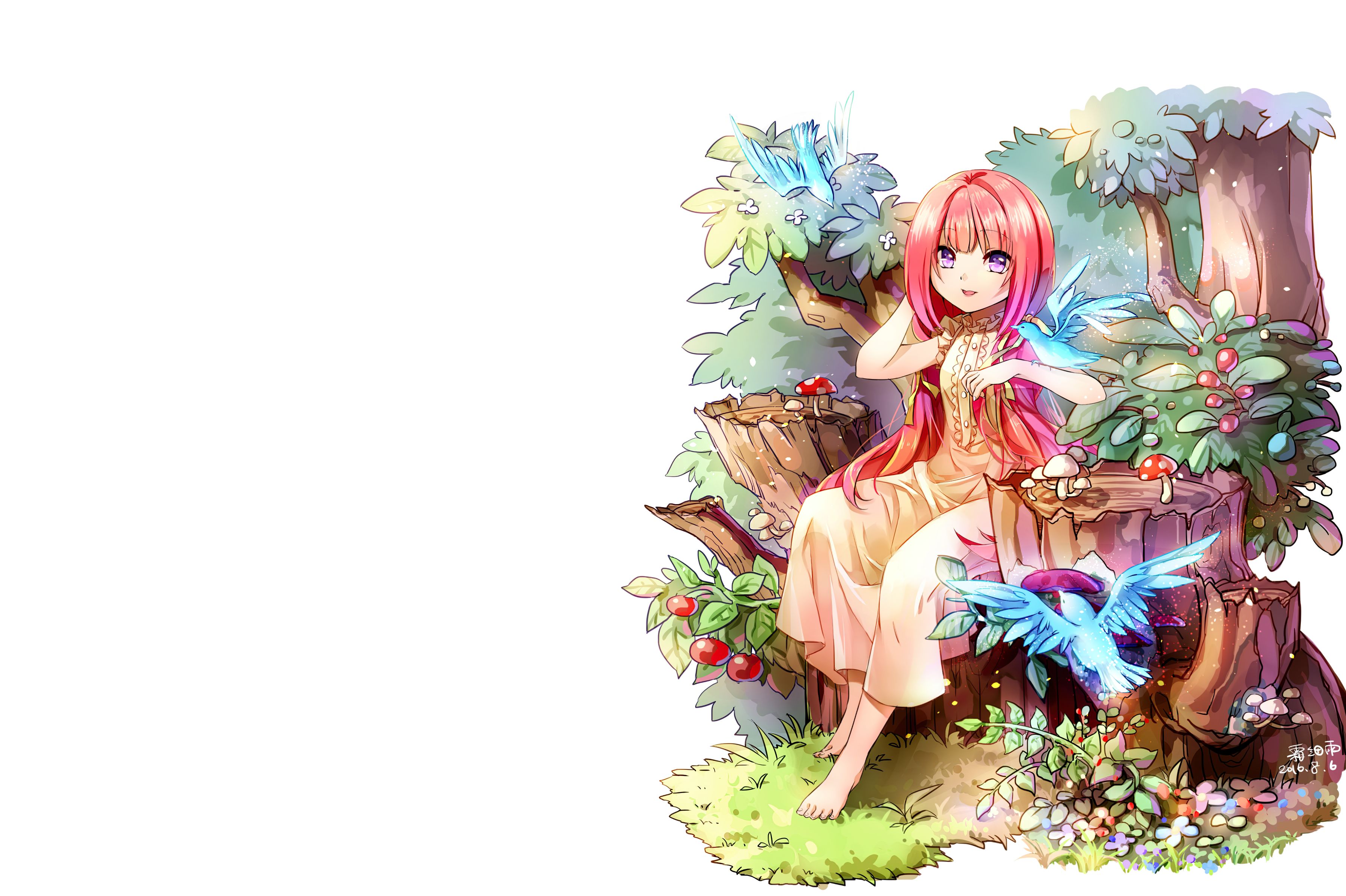Download mobile wallpaper Anime, Bird, Smile, Mushroom, Original, Pink Hair, Long Hair, Purple Eyes for free.