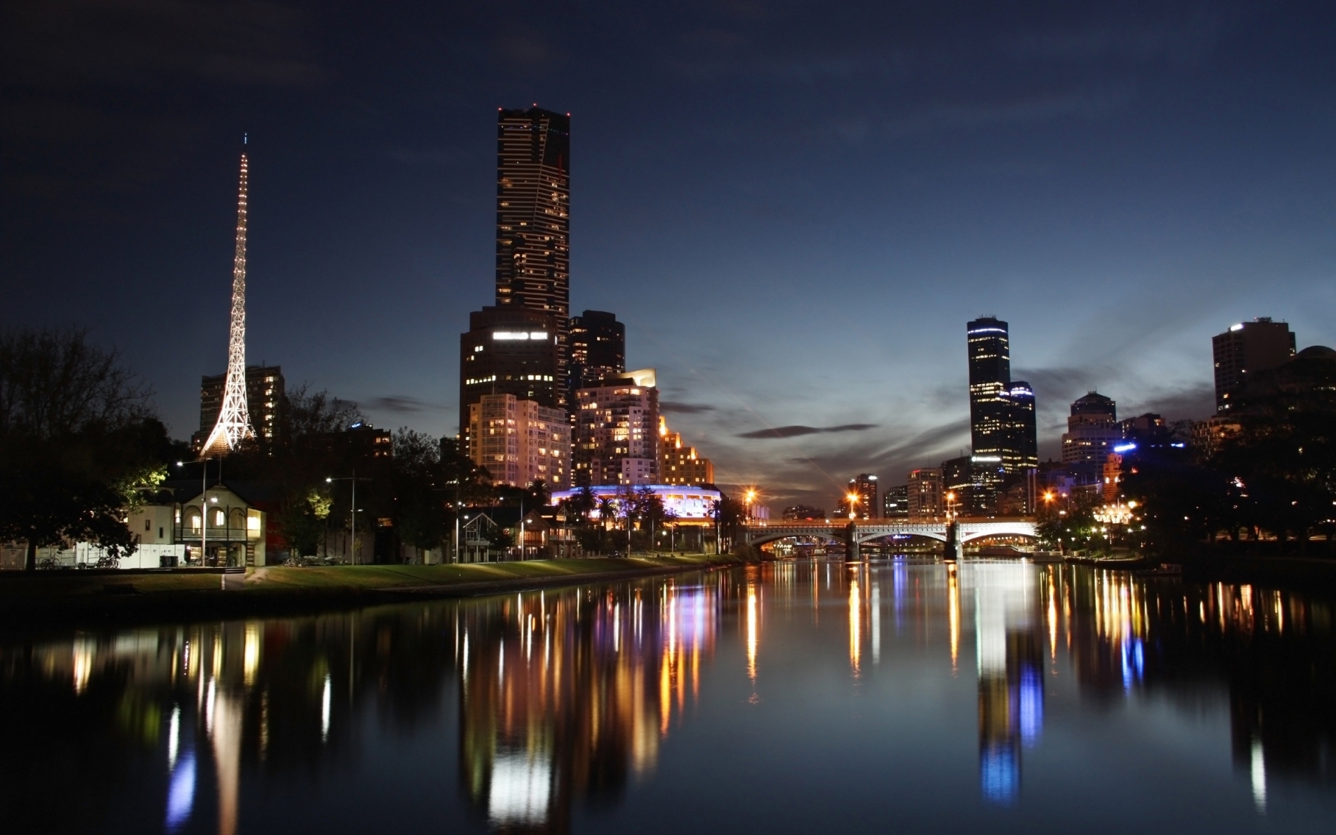 Free download wallpaper Cities, Rivers, Night, Landscape on your PC desktop