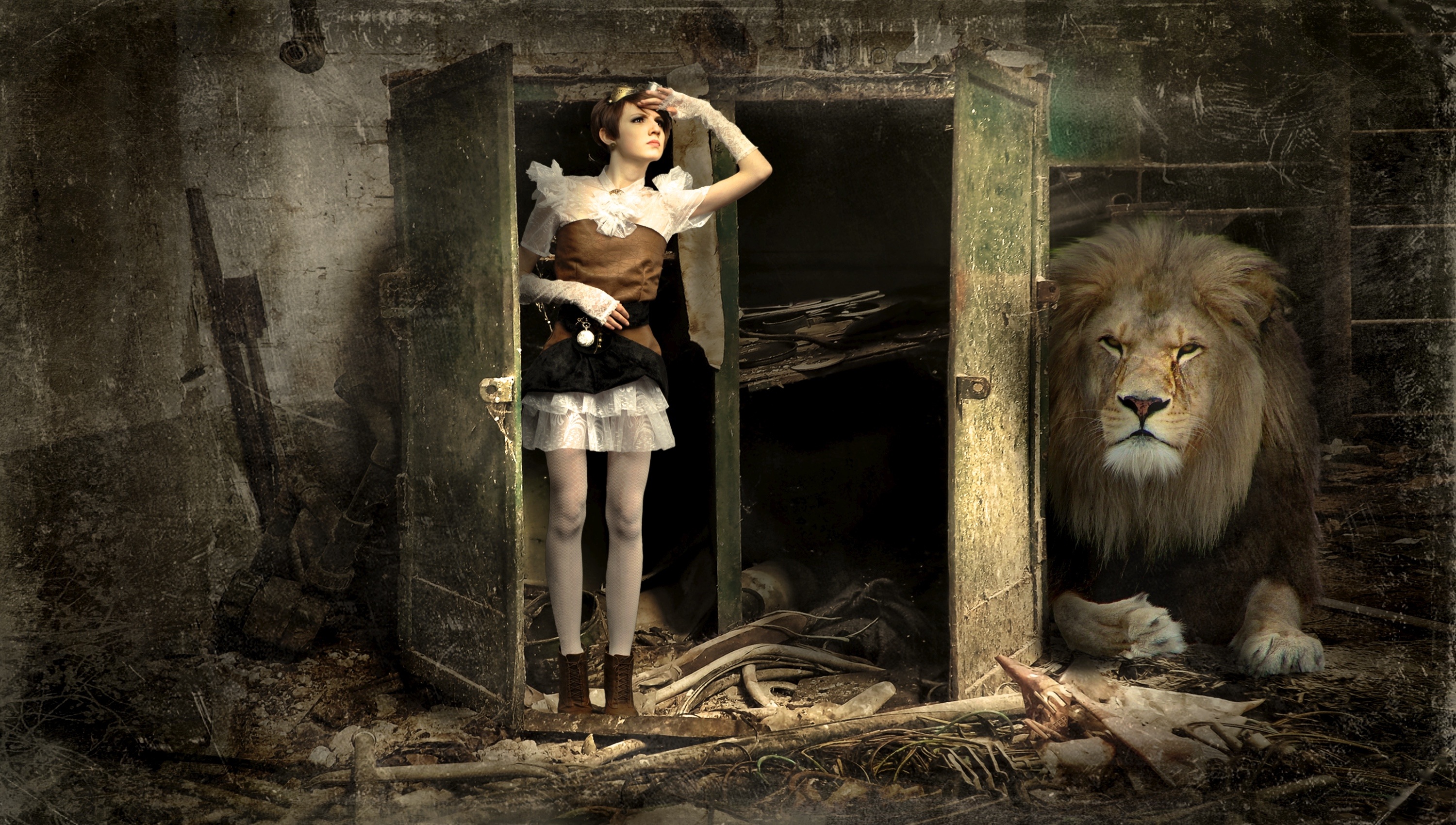 Download mobile wallpaper Fantasy, Lion, Ruin, Photography, Surreal, Manipulation for free.