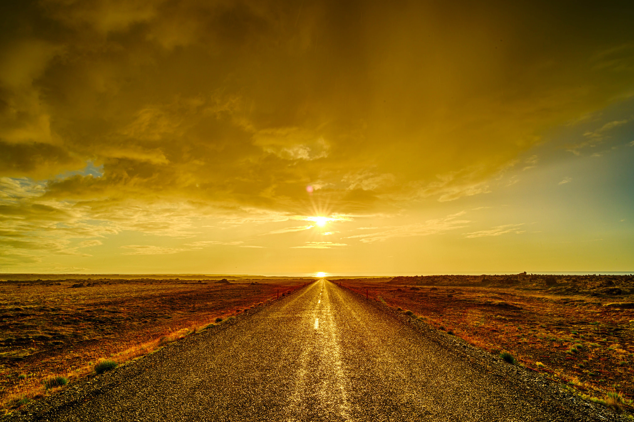 Download mobile wallpaper Sunset, Sky, Sun, Desert, Horizon, Road, Cloud, Man Made for free.
