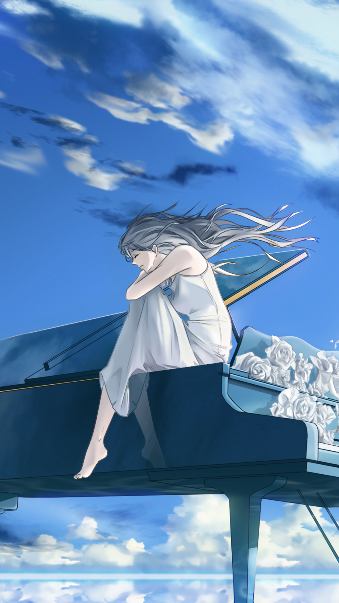 Download mobile wallpaper Anime, Piano, Flower, Original, Long Hair, Grey Hair for free.