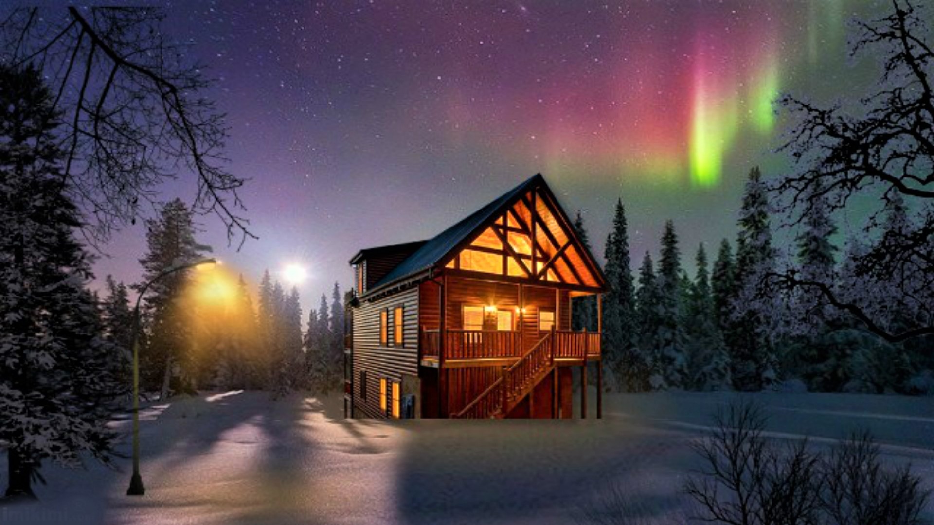 winter, man made, house, aurora borealis, cottage, light, lodge, night, sky, snow, starry sky, tree