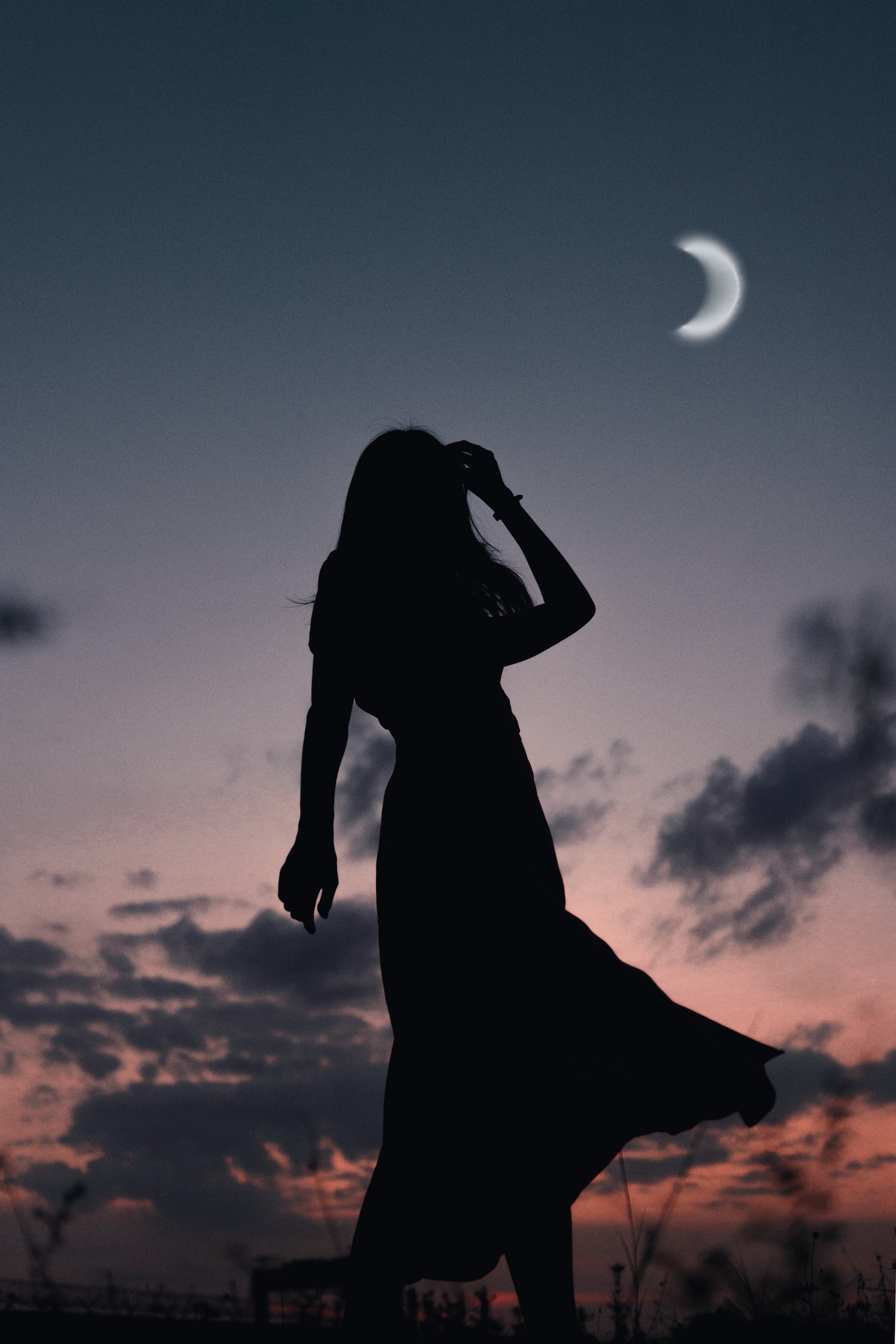 vertical wallpaper girl, dark, twilight, moon, silhouette, dusk