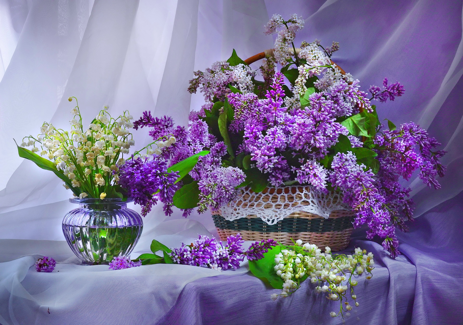 still life, lily of the valley, photography, basket, lilac, purple flower, vase