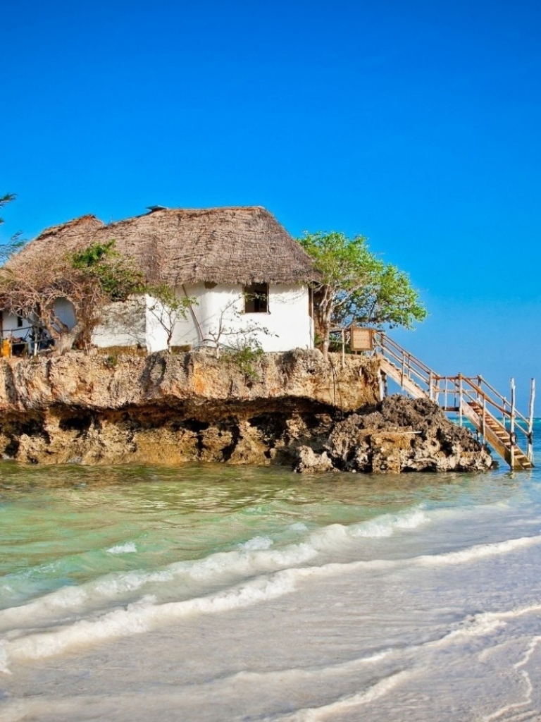 Download mobile wallpaper Funny, Tree, House, Stairs, Man Made, Seashore, Zanzibar, Tanzania for free.