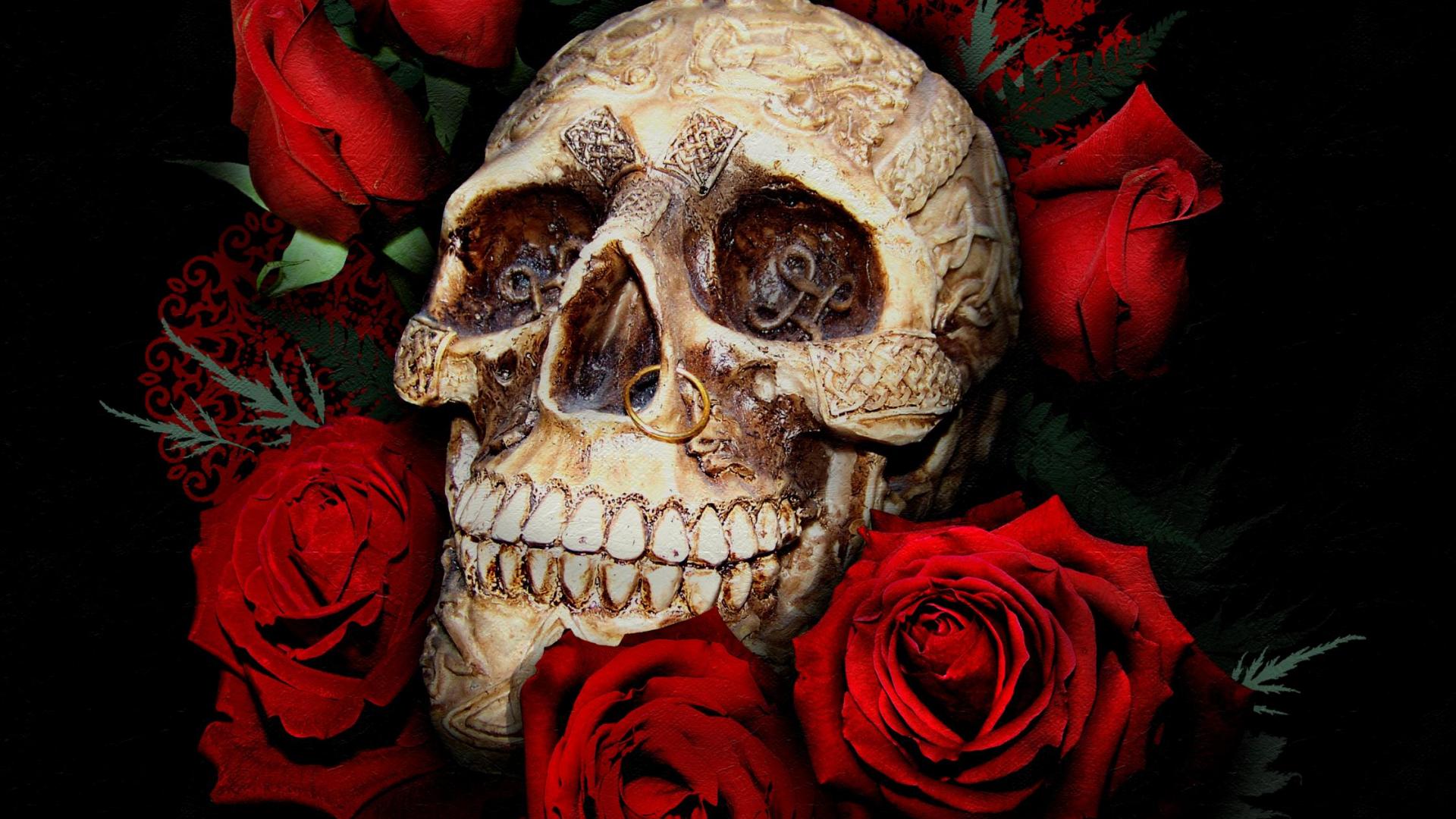 745215 скачать обои тьма, череп, готические, пирсинг, красный цветок, красная роза, роза - заставки и картинки бесплатно