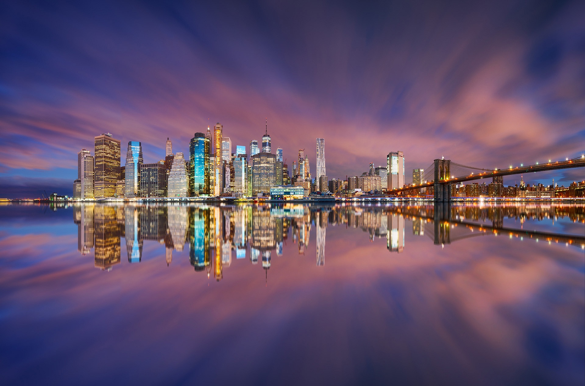 Free download wallpaper Cities, Usa, City, Skyscraper, Building, Reflection, Bridge, New York, Man Made on your PC desktop