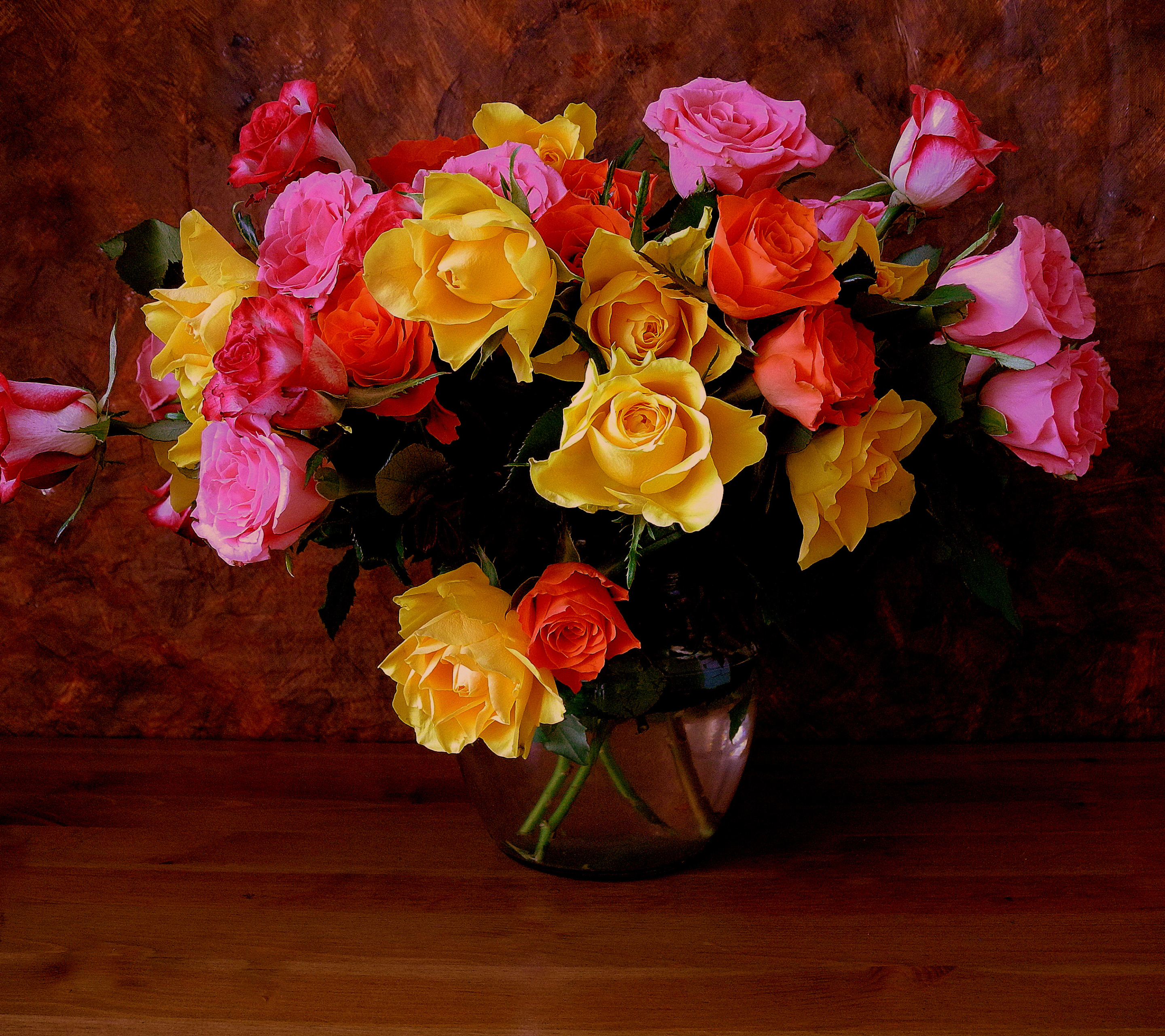 Download mobile wallpaper Flower, Rose, Colors, Vase, Colorful, Yellow Flower, Man Made, Pink Flower, Orange Flower for free.