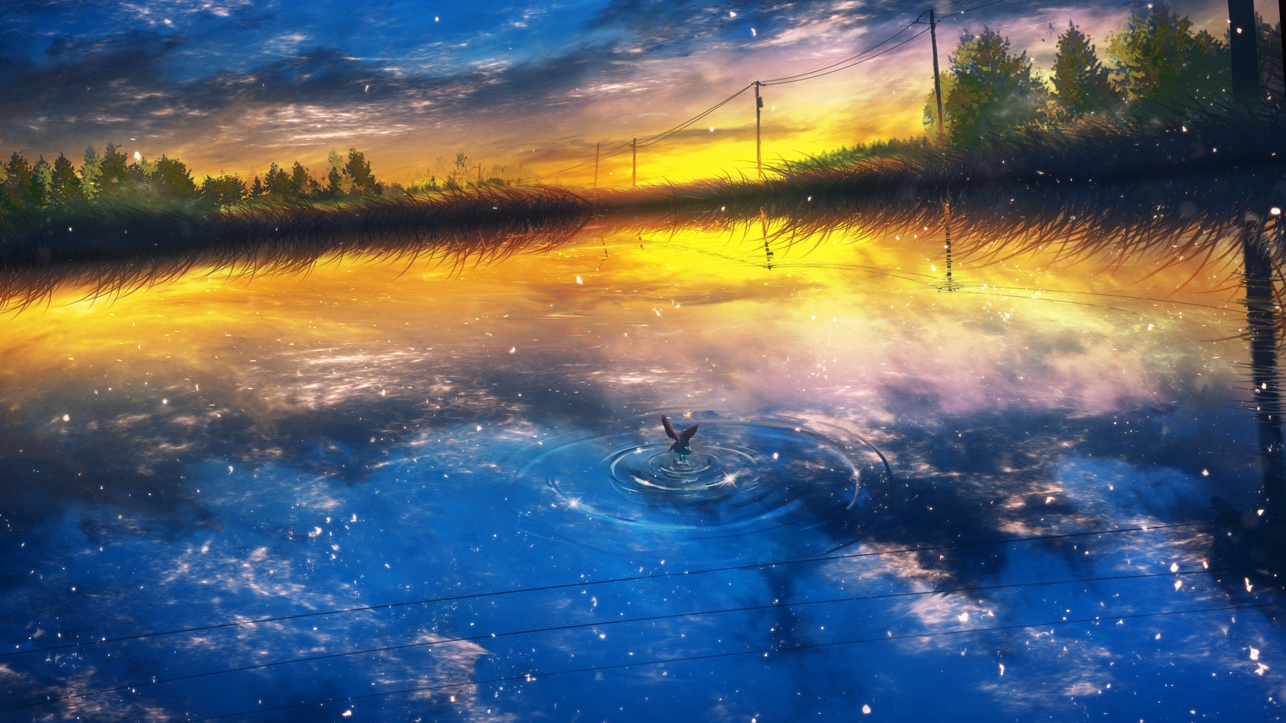 anime, lake, power line, sunset
