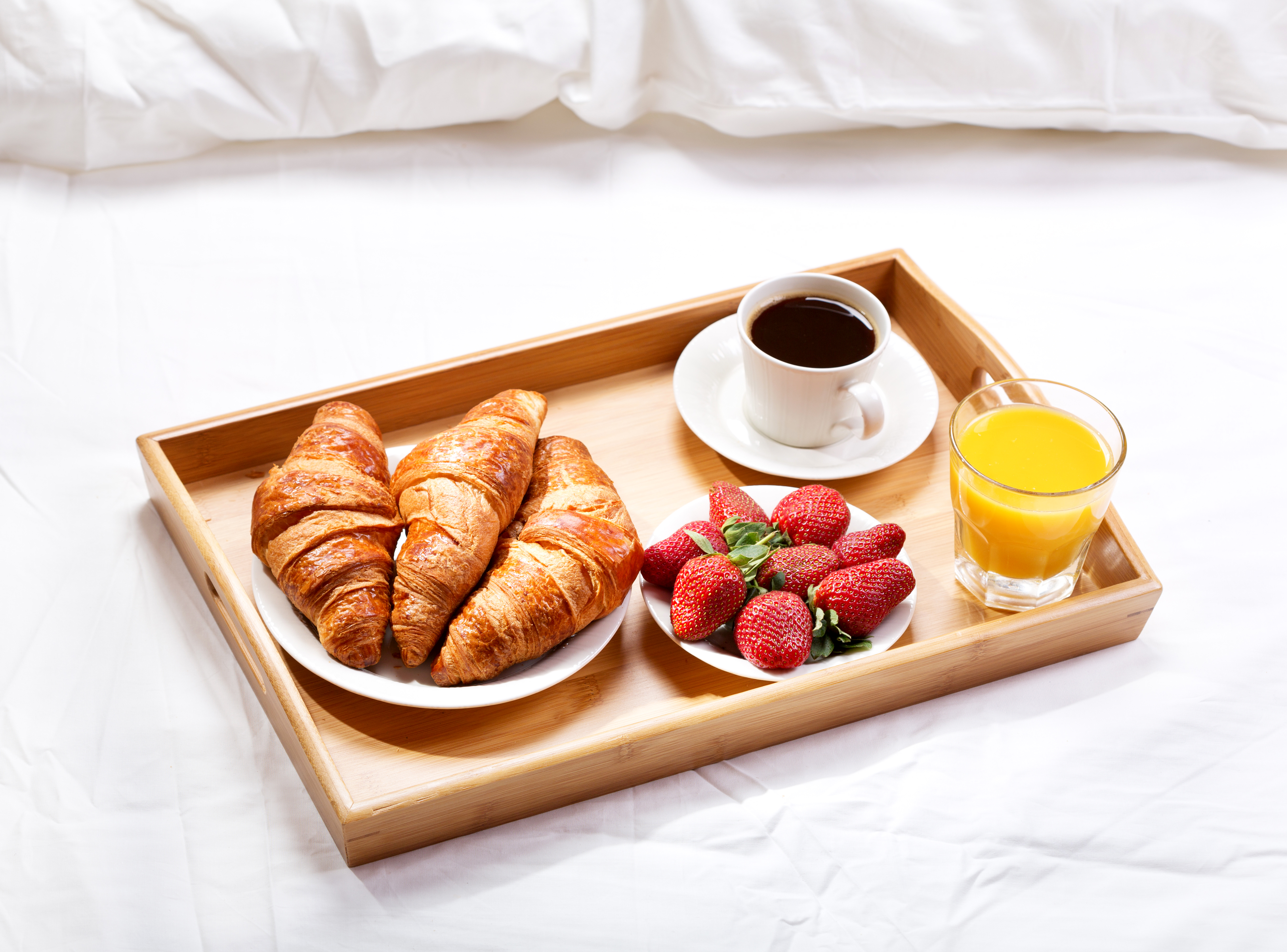 Download mobile wallpaper Food, Strawberry, Coffee, Cup, Glass, Breakfast, Croissant, Juice for free.