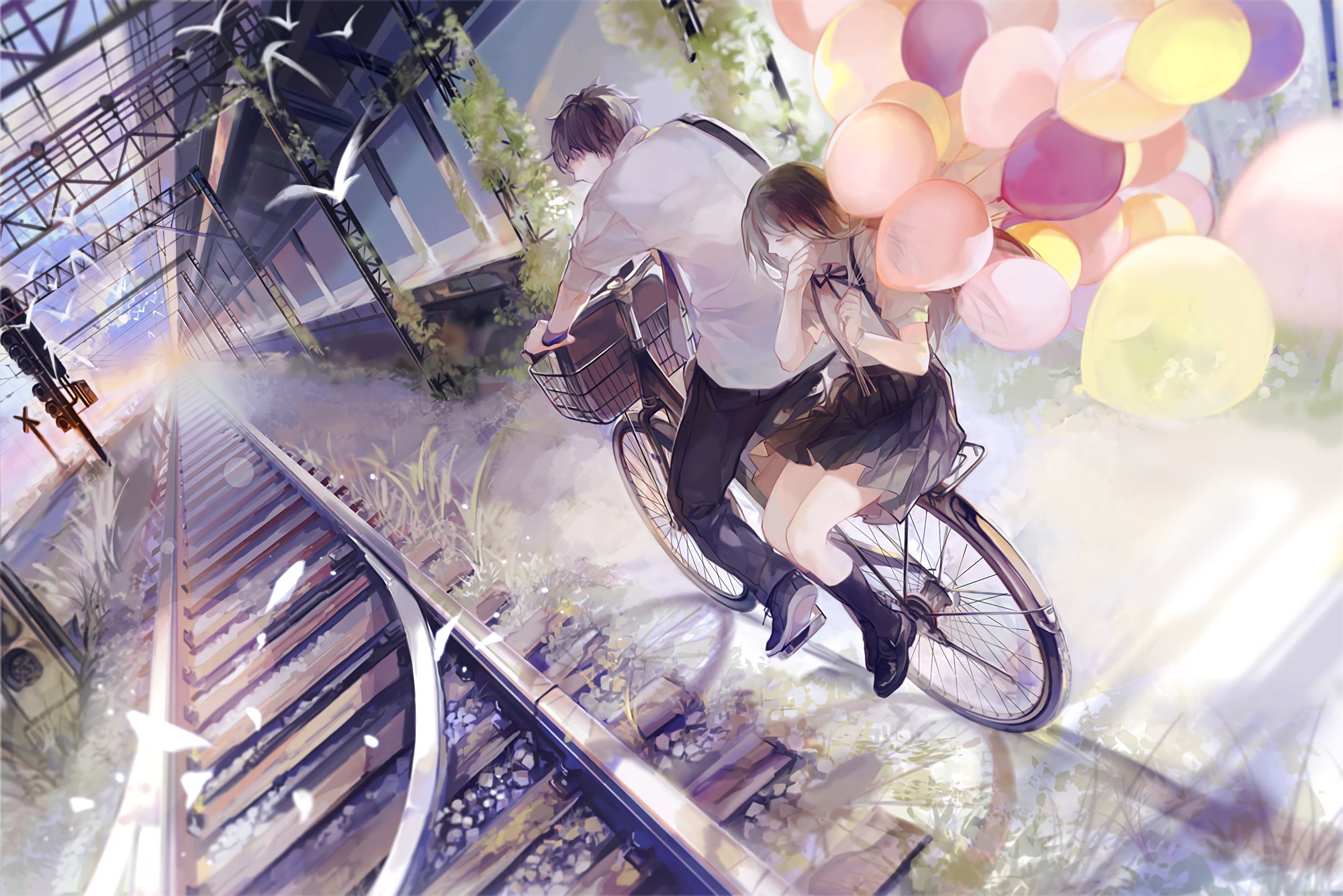 Laden Sie das Fahrräder, Paar, Ballon, Fahrrad, Eisenbahn, Schuluniform, Animes-Bild kostenlos auf Ihren PC-Desktop herunter