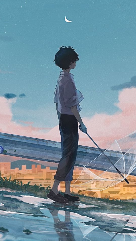 Download mobile wallpaper Anime, Water, Sky, Umbrella, Boy for free.