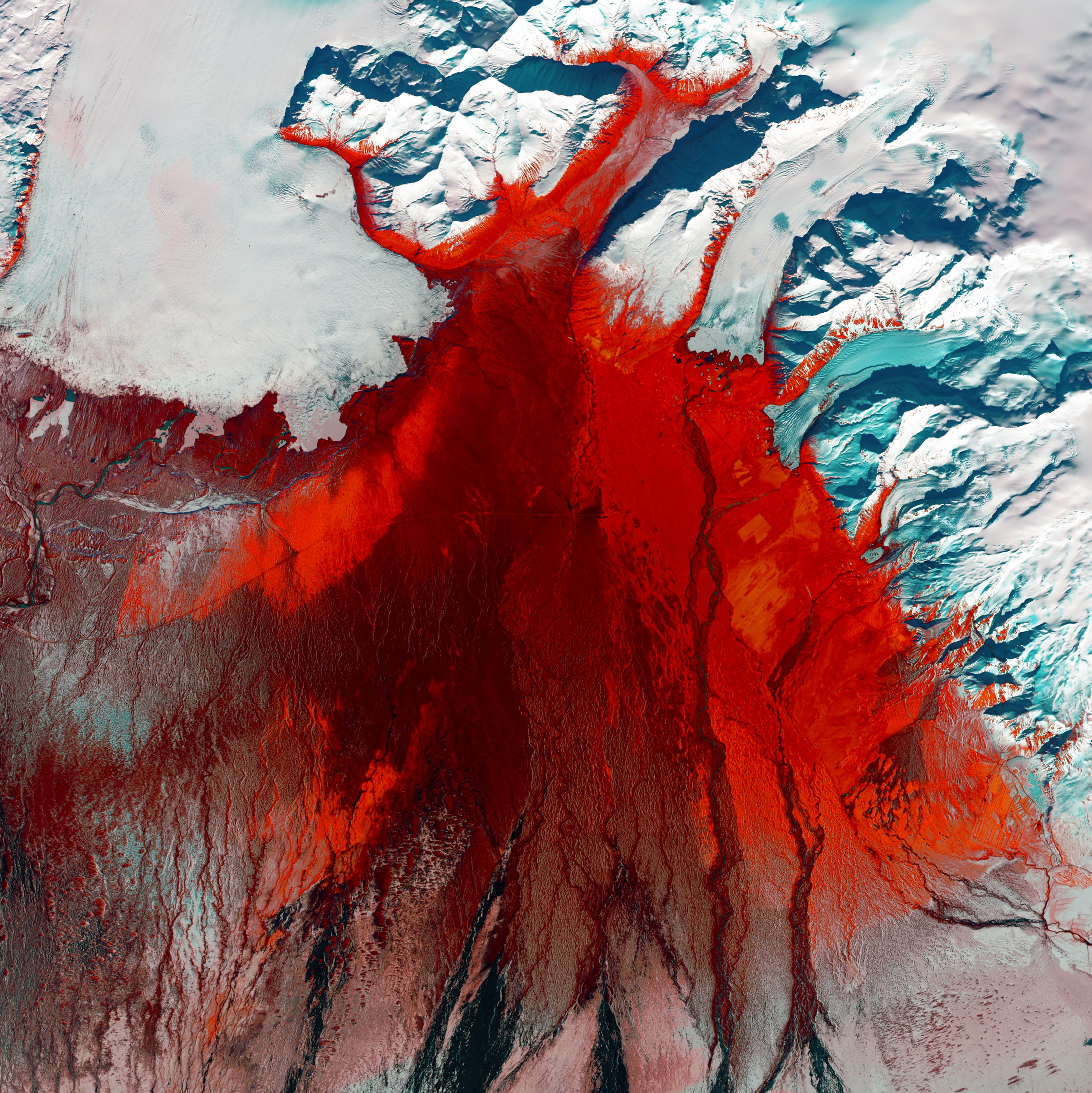 glacier, view from above, nature, ice, red, relief