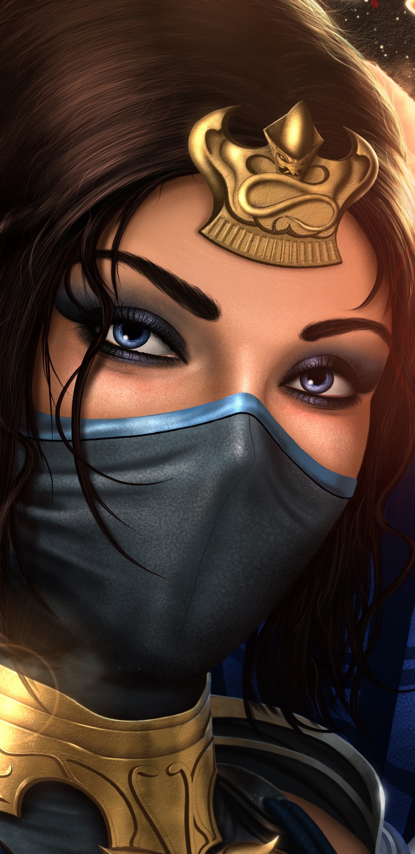 video game, mortal kombat, mask, face, woman warrior, blue eyes, kitana (mortal kombat), brown hair, oriental