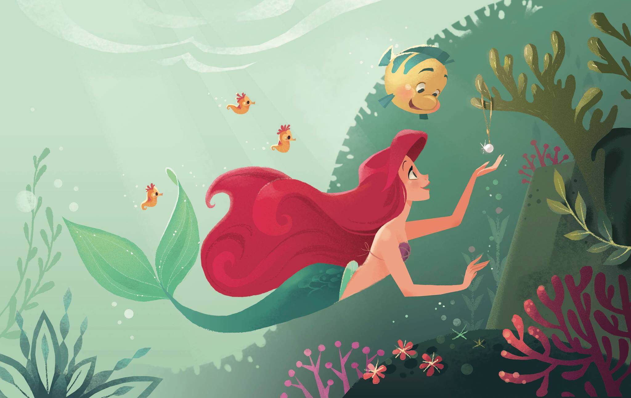 movie, the little mermaid (1989), ariel (the little mermaid), flounder (the little mermaid), long hair, mermaid, red hair, seahorse, the little mermaid