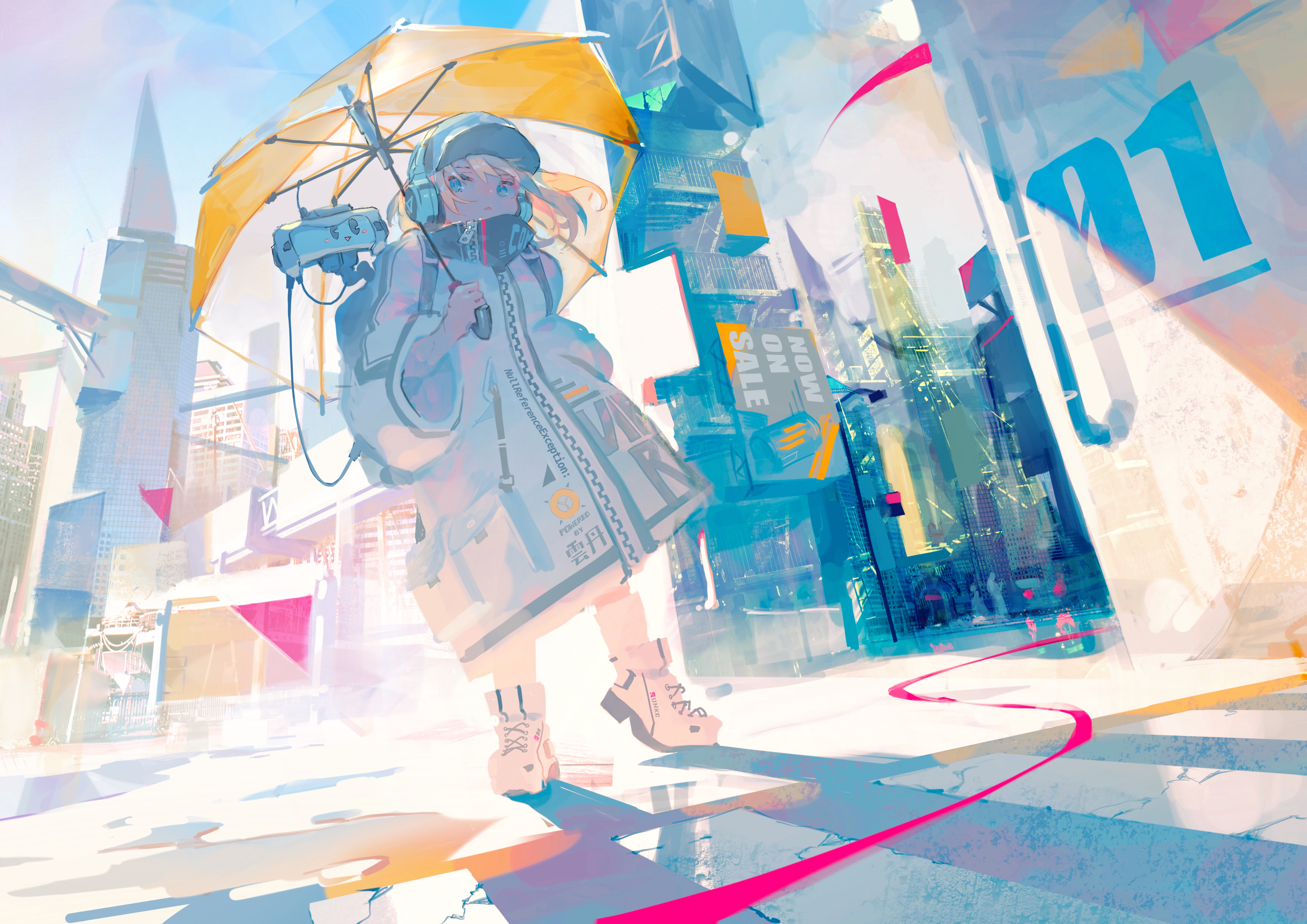 Download mobile wallpaper Anime, City, Umbrella, Blonde, Original for free.