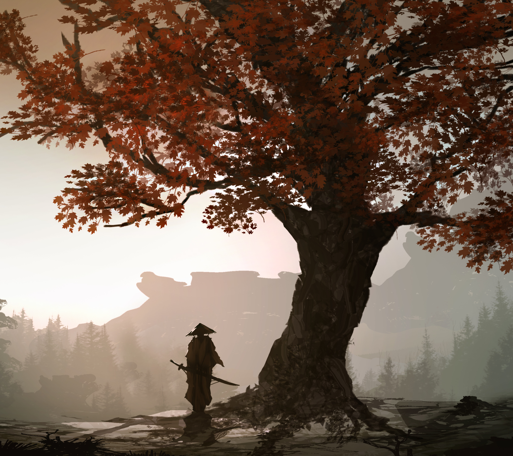 Free download wallpaper Fantasy, Tree, Fall, Warrior, Samurai on your PC desktop