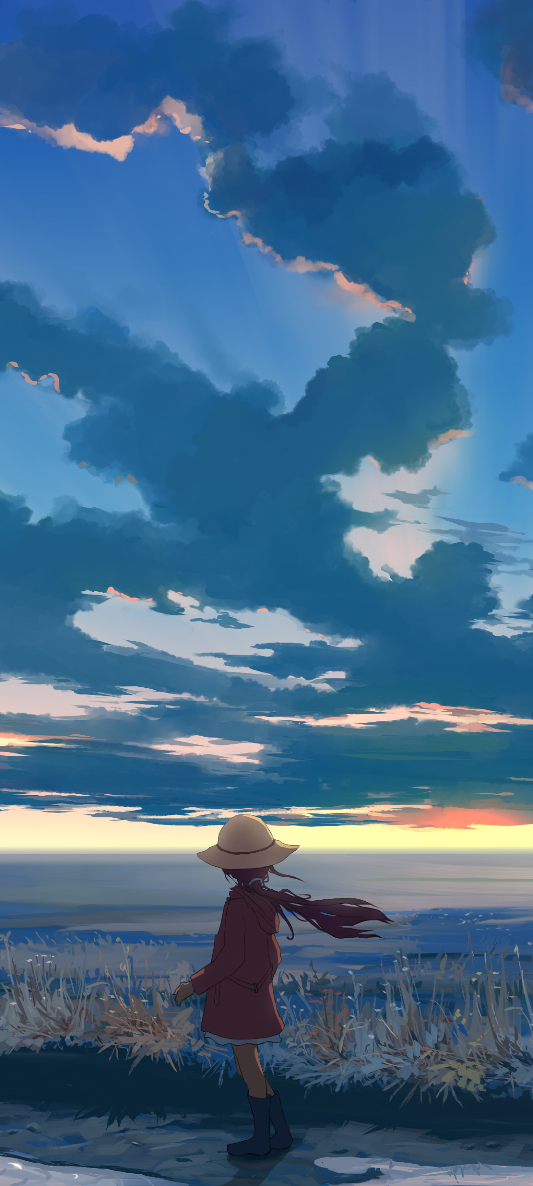 Download mobile wallpaper Anime, Nature, Sunset, Sky, Horizon, Cloud, Child, Hat, Original for free.