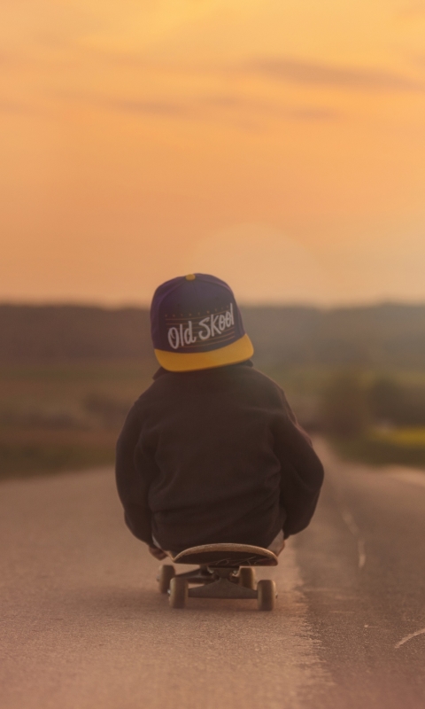Download mobile wallpaper Road, Child, Hat, Photography, Skateboard for free.