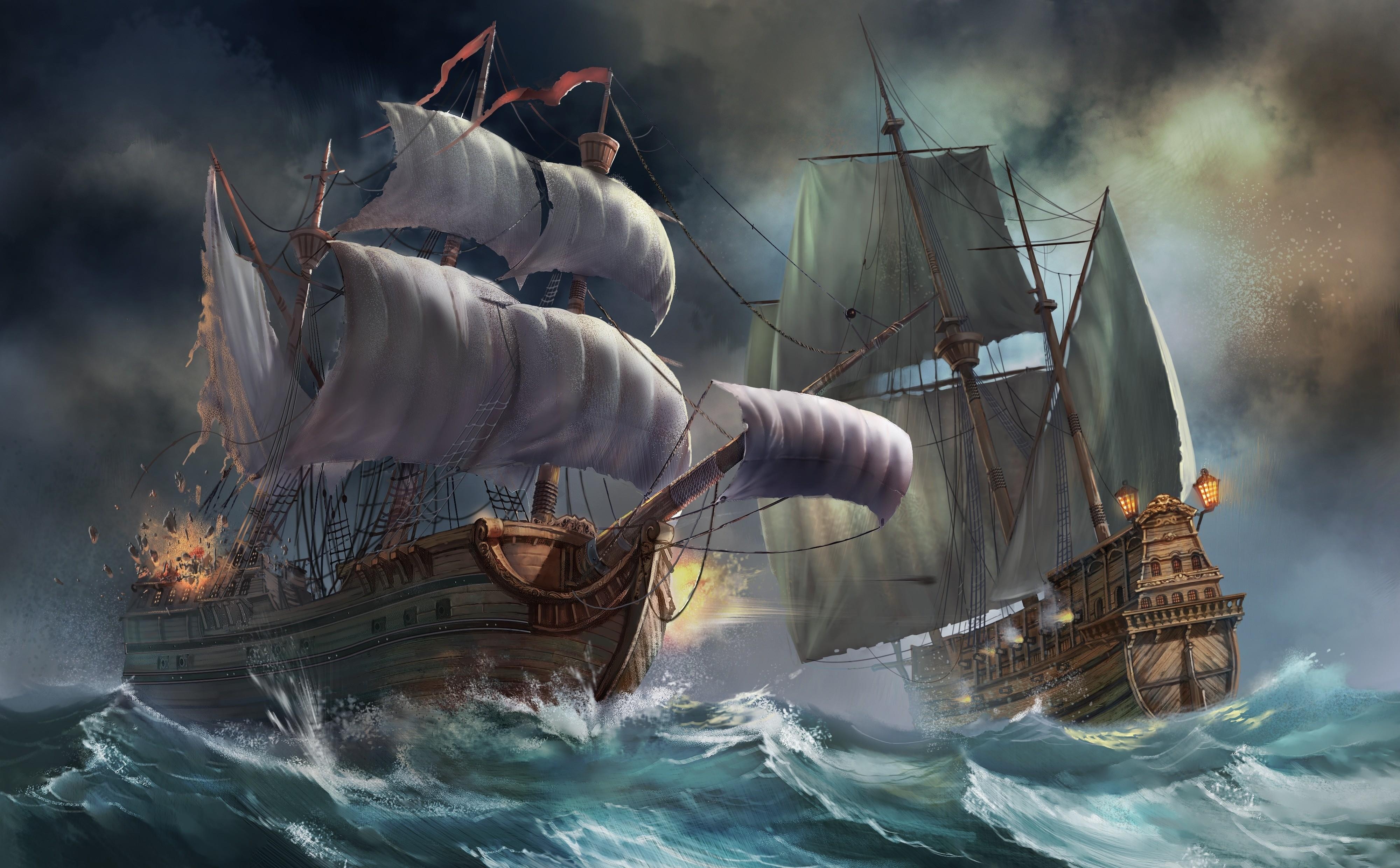 148421 скачать картинку фэнтези, корабли, шторм, море, взрыв - обои и заставки бесплатно