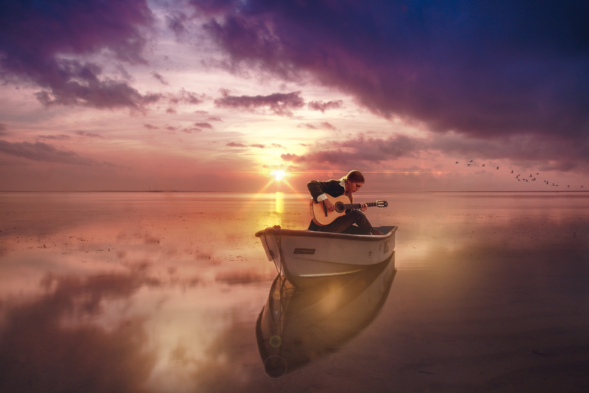 Free download wallpaper Music, Sunset, Horizon, Reflection, Ocean, Guitar, Boat, Musician on your PC desktop