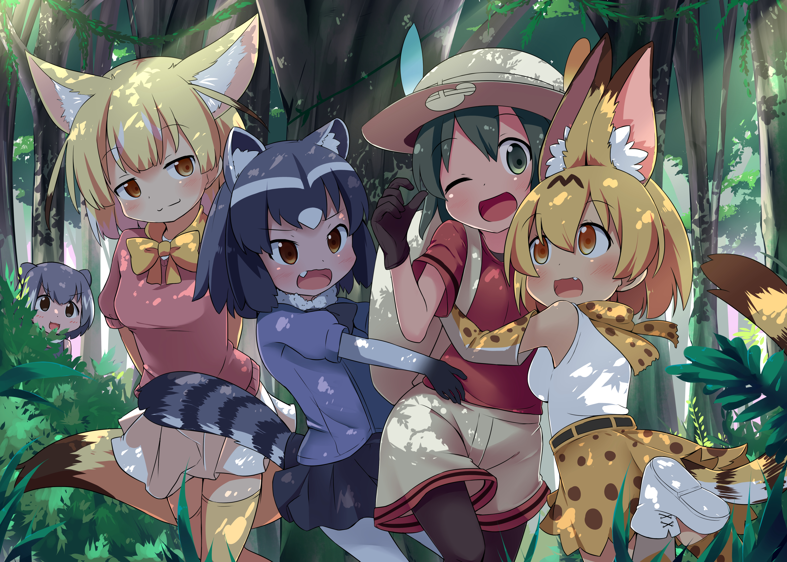 anime, kemono friends, fennec (kemono friends), kaban (kemono friends), raccoon (kemono friends), serval (kemono friends)