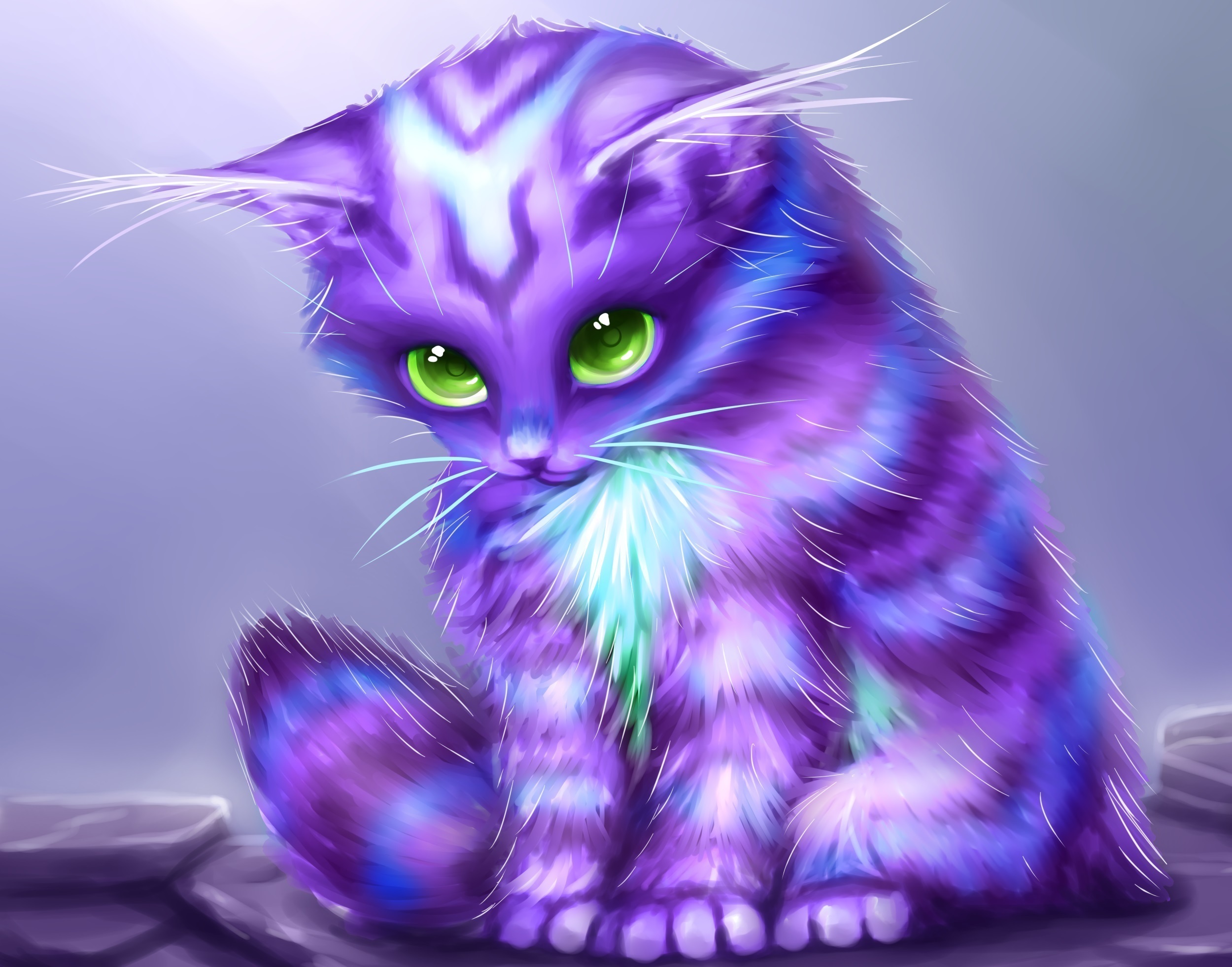 Download mobile wallpaper Fantasy Animals, Purple, Cat, Fantasy, Green Eyes for free.
