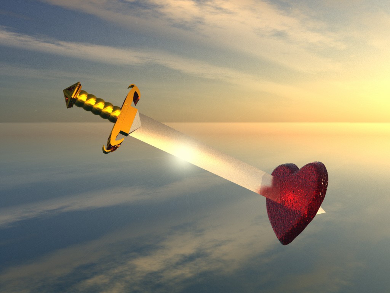 Download mobile wallpaper Sunset, Love, Heart, Artistic, Sword for free.